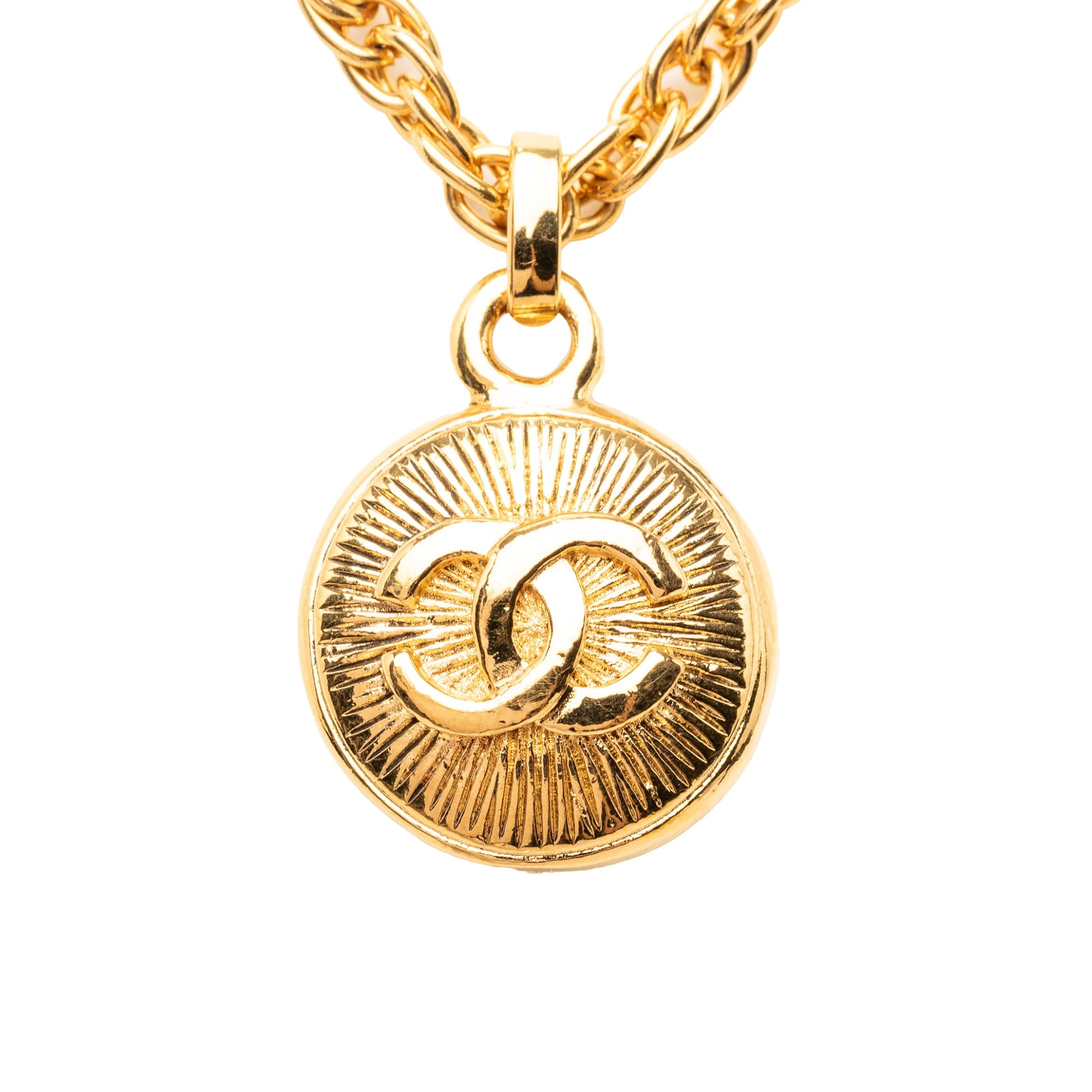 Chanel CC Gold Plated Medallion Sunburst Pendant Necklace