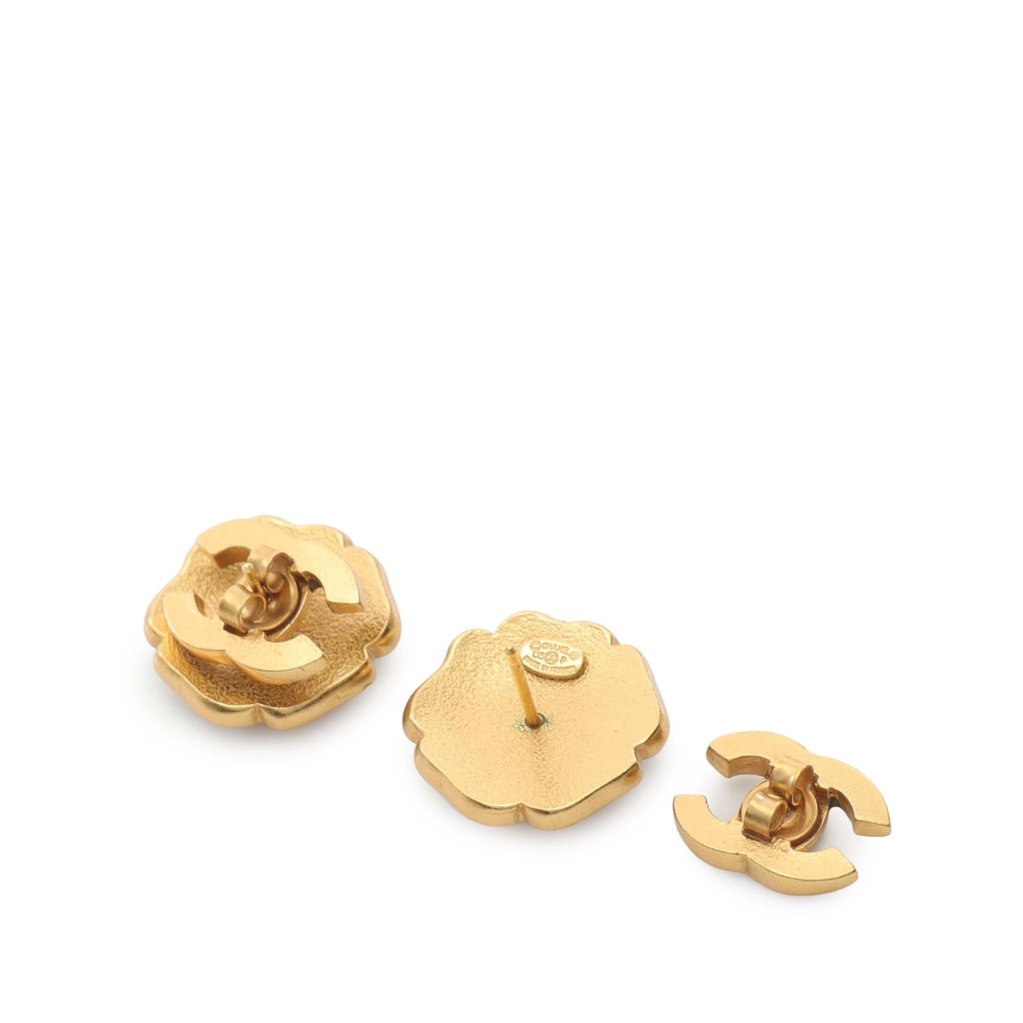 Chanel Enamel Camellia CC Stud Push Back Earrings
