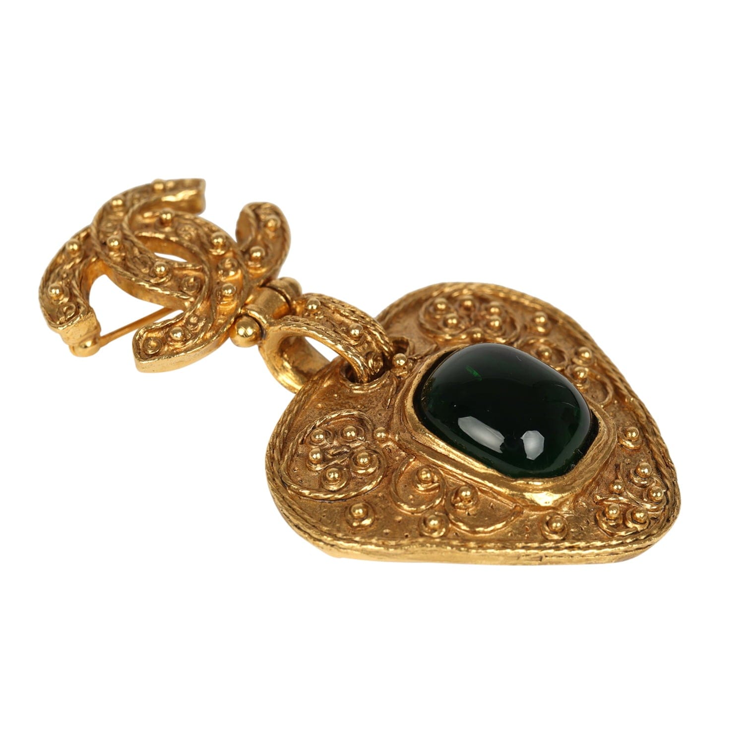 Chanel Vintage Chanel CC Dangle Gripoix Heart Brooch Green Gold Plated Hardware