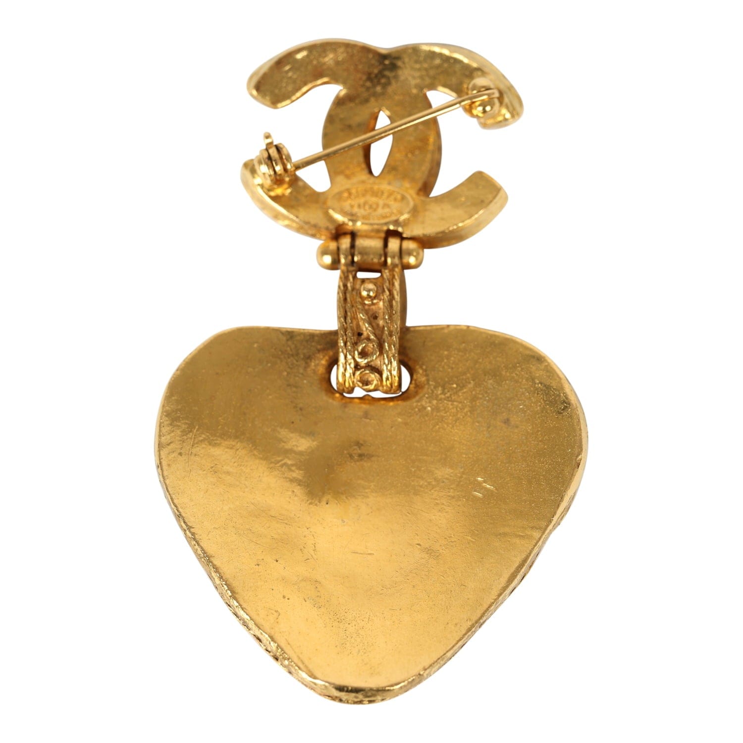Chanel Vintage Chanel CC Dangle Gripoix Heart Brooch Green Gold Plated Hardware