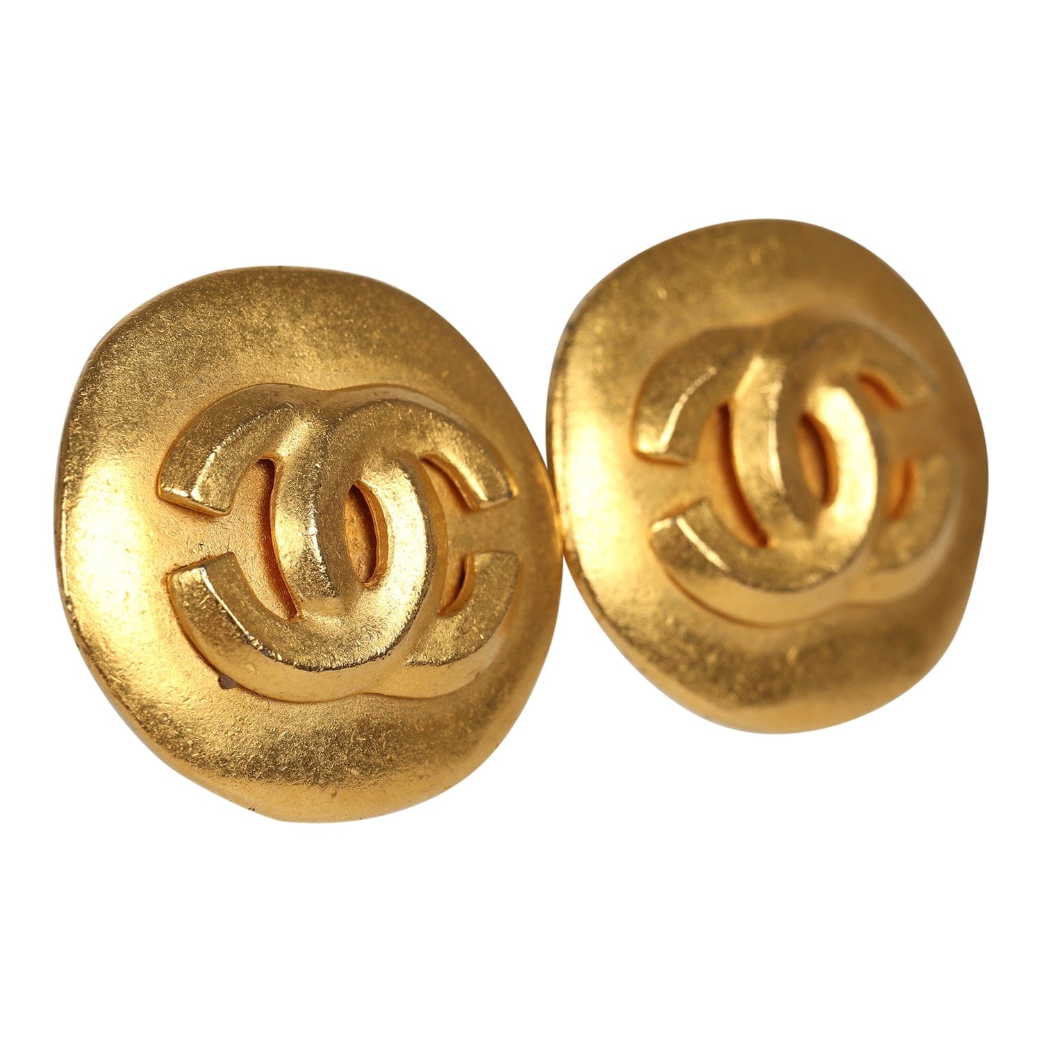 Chanel Vintage Chanel Small Round Hammered CC Earrings Gold Plated Hardware