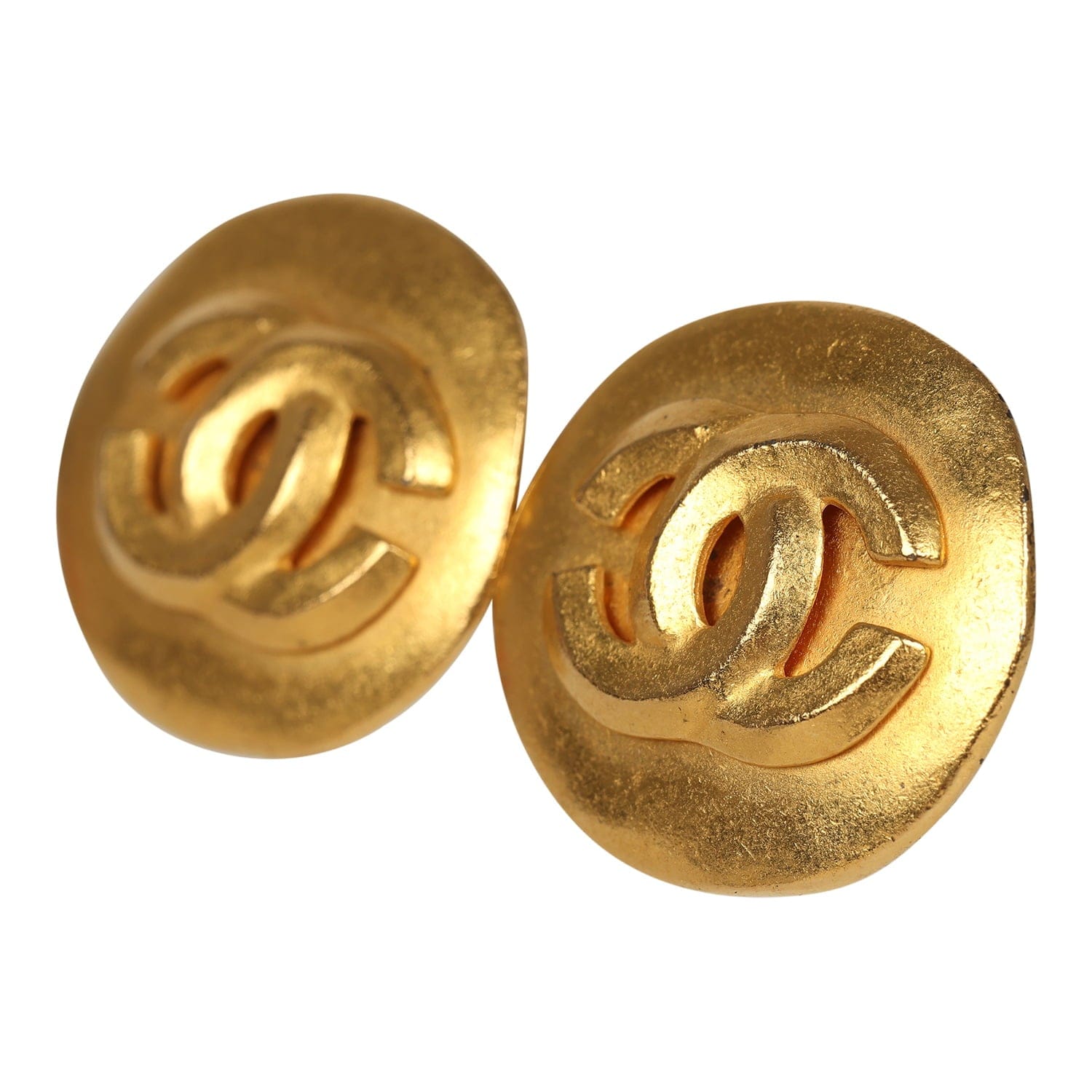 Chanel Vintage Chanel Small Round Hammered CC Earrings Gold Plated Hardware