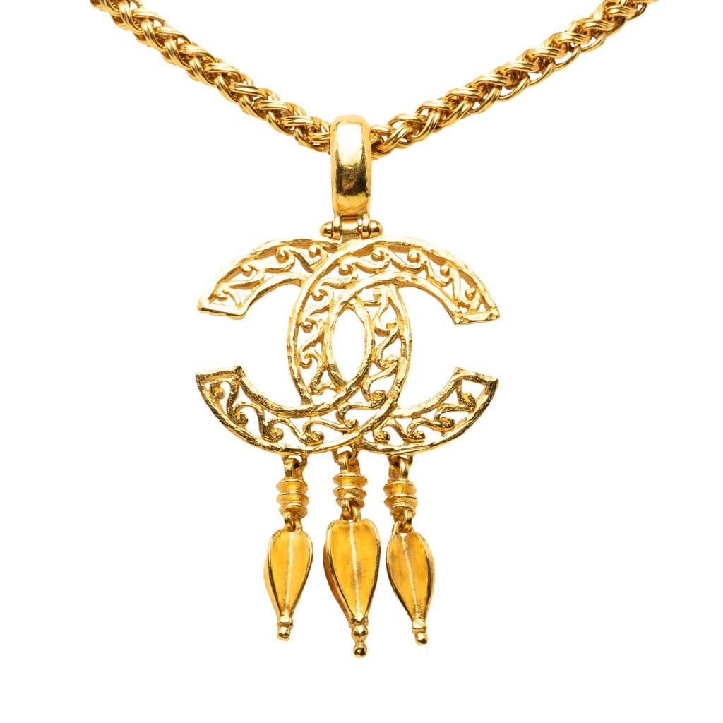 Chanel CC Gold - Plated Filigree Fringe Pendant Necklace