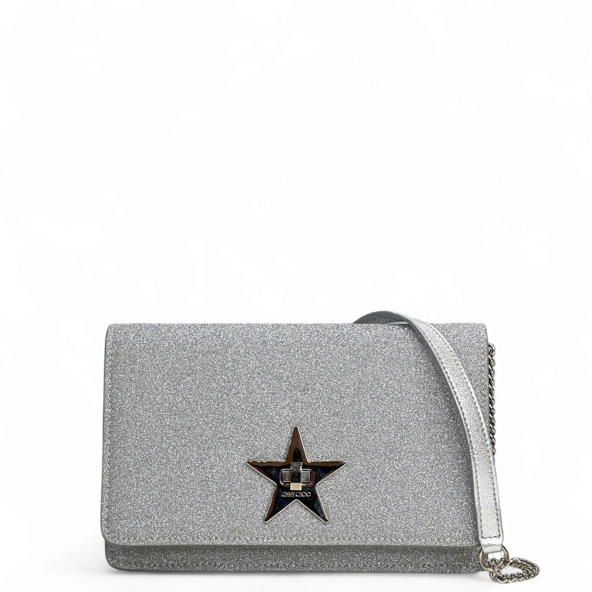 Jimmy Choo Palace Star Lock Silver Glitter Crossbody Bag