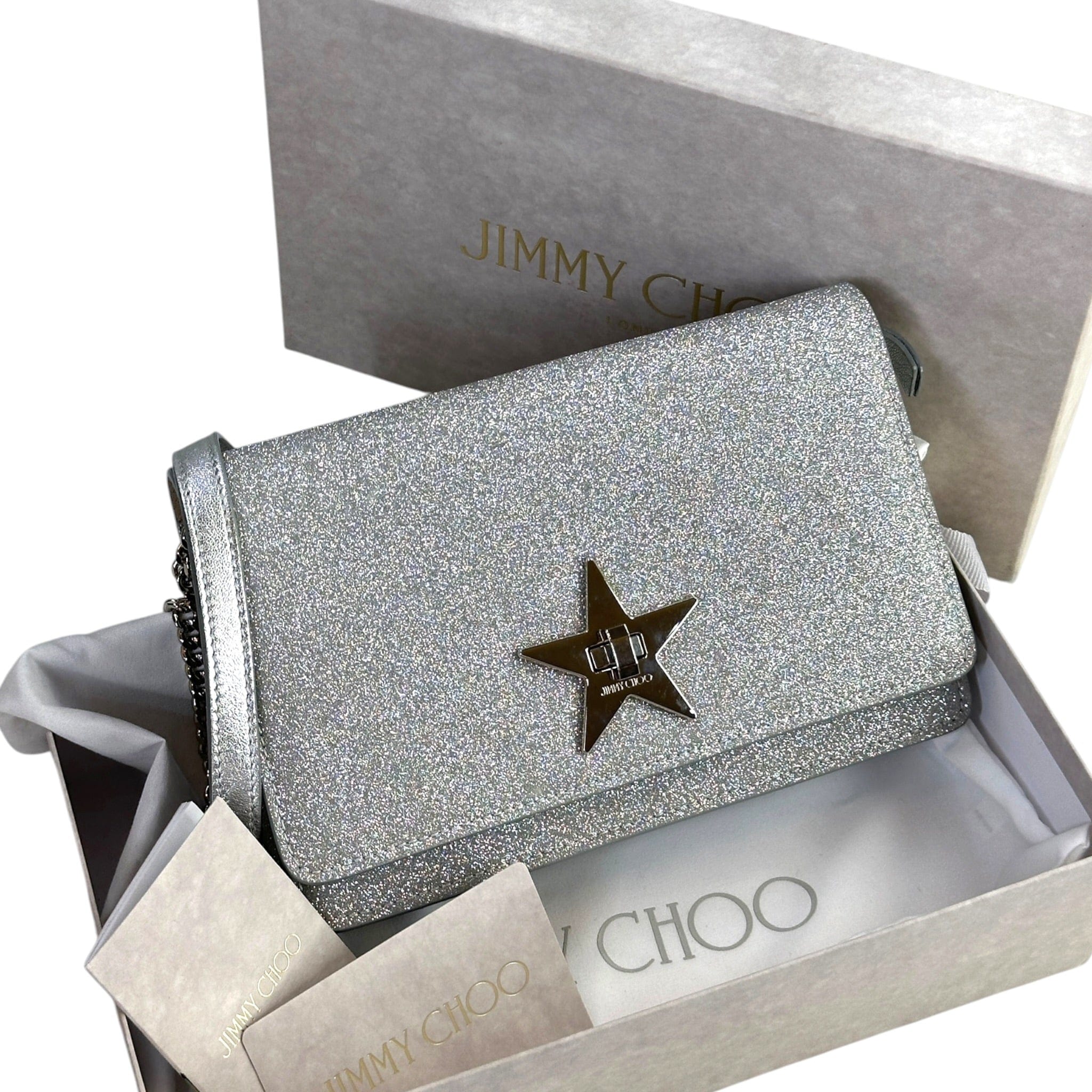 Jimmy Choo Palace Star Lock Silver Glitter Crossbody Bag