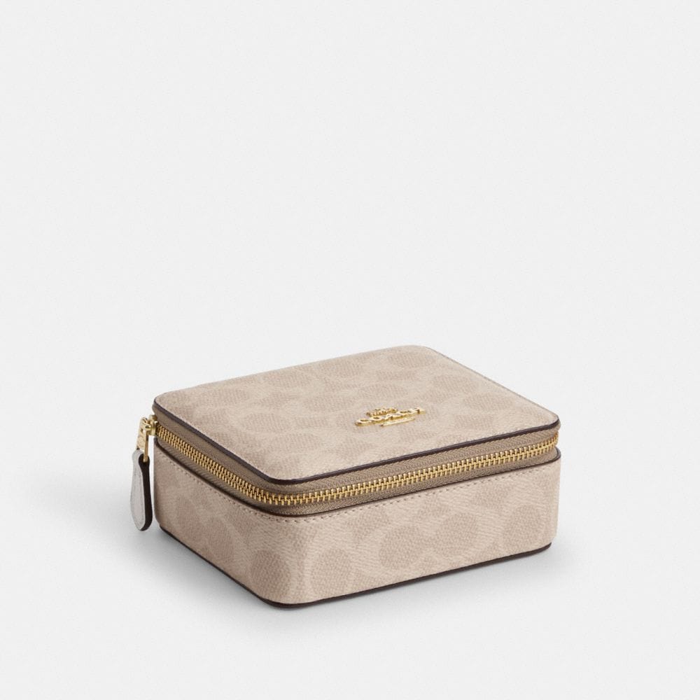 Coach Large Jewelry Box In Signature Canvas Gold Sand Chalk