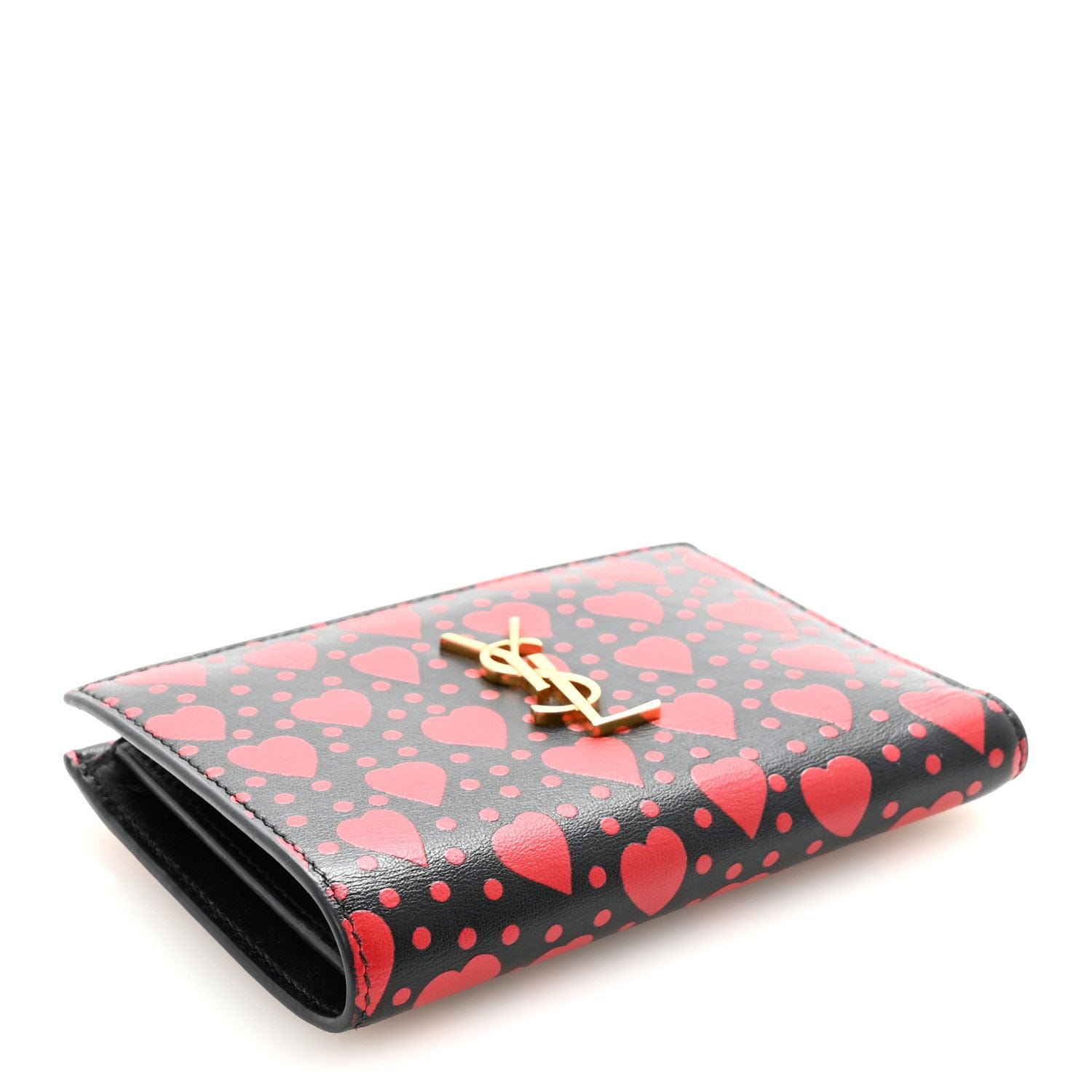 Saint Laurent Calfskin Heart Print Monogram Fragments Wallet Black Red