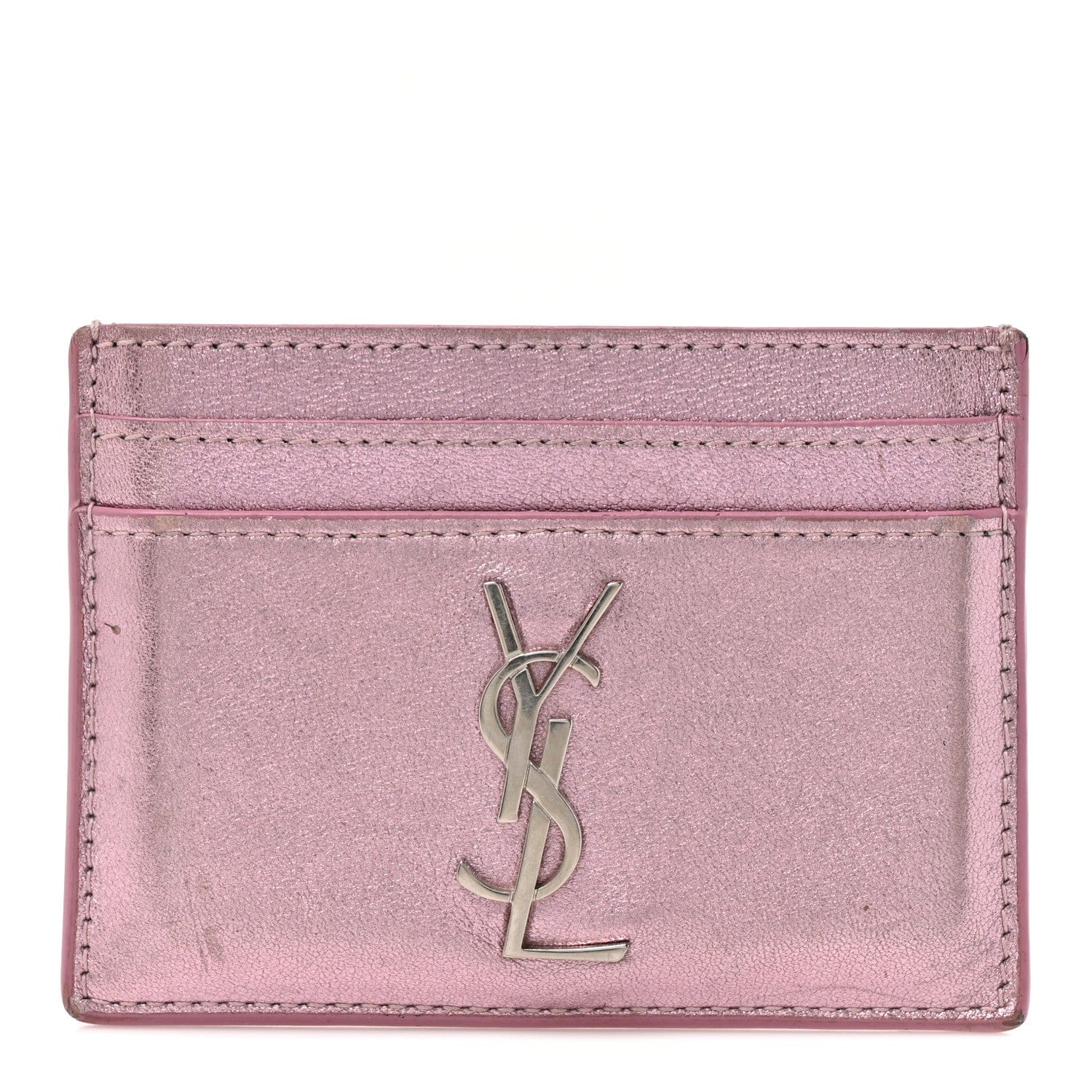 Saint Laurent Metallic Calfskin Monogram Credit Card Case Pink