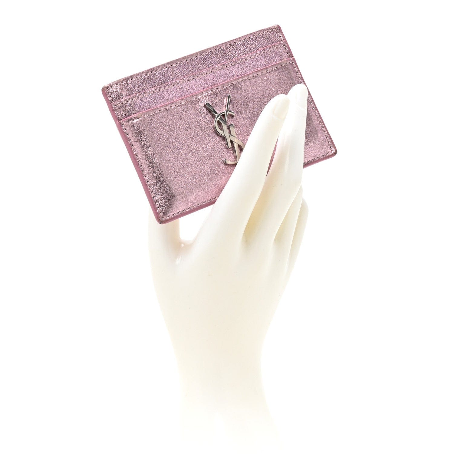 Saint Laurent Metallic Calfskin Monogram Credit Card Case Pink