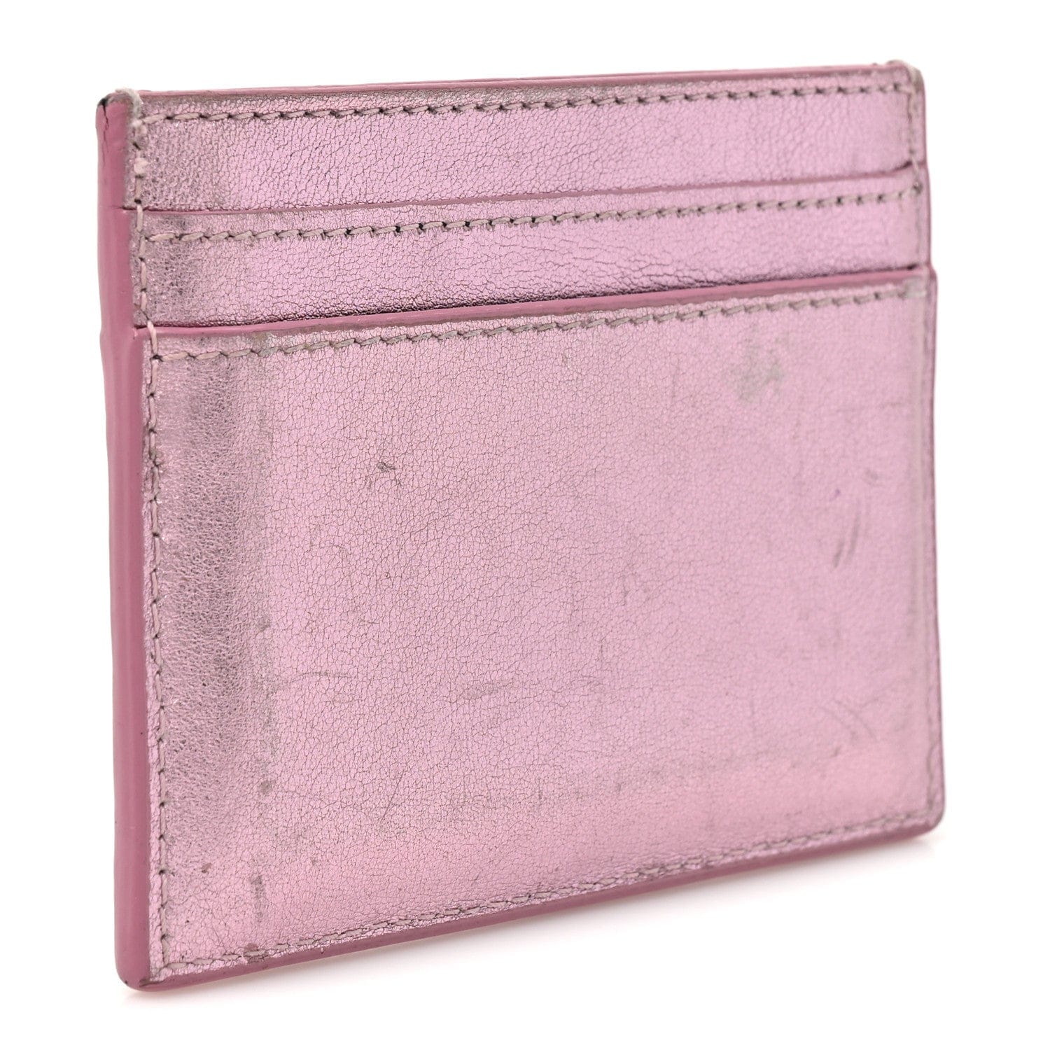 Saint Laurent Metallic Calfskin Monogram Credit Card Case Pink