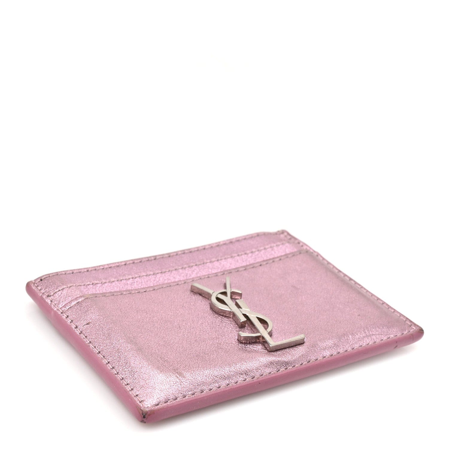 Saint Laurent Metallic Calfskin Monogram Credit Card Case Pink
