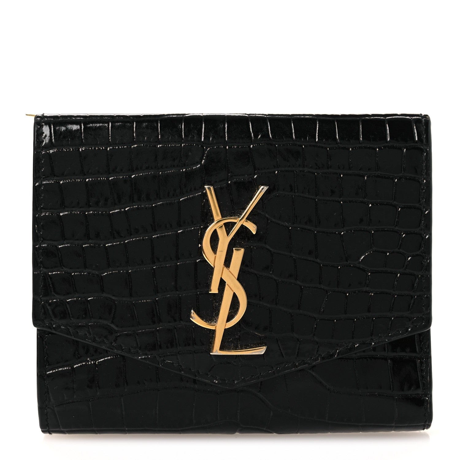 Saint Laurent Shiny Calfskin Crocodile Embossed Monogram Uptown Compact Wallet Black