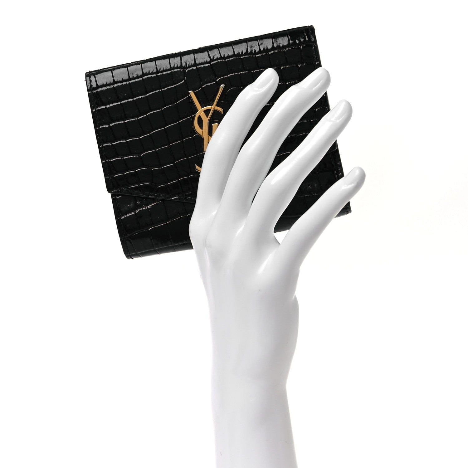 Saint Laurent Shiny Calfskin Crocodile Embossed Monogram Uptown Compact Wallet Black