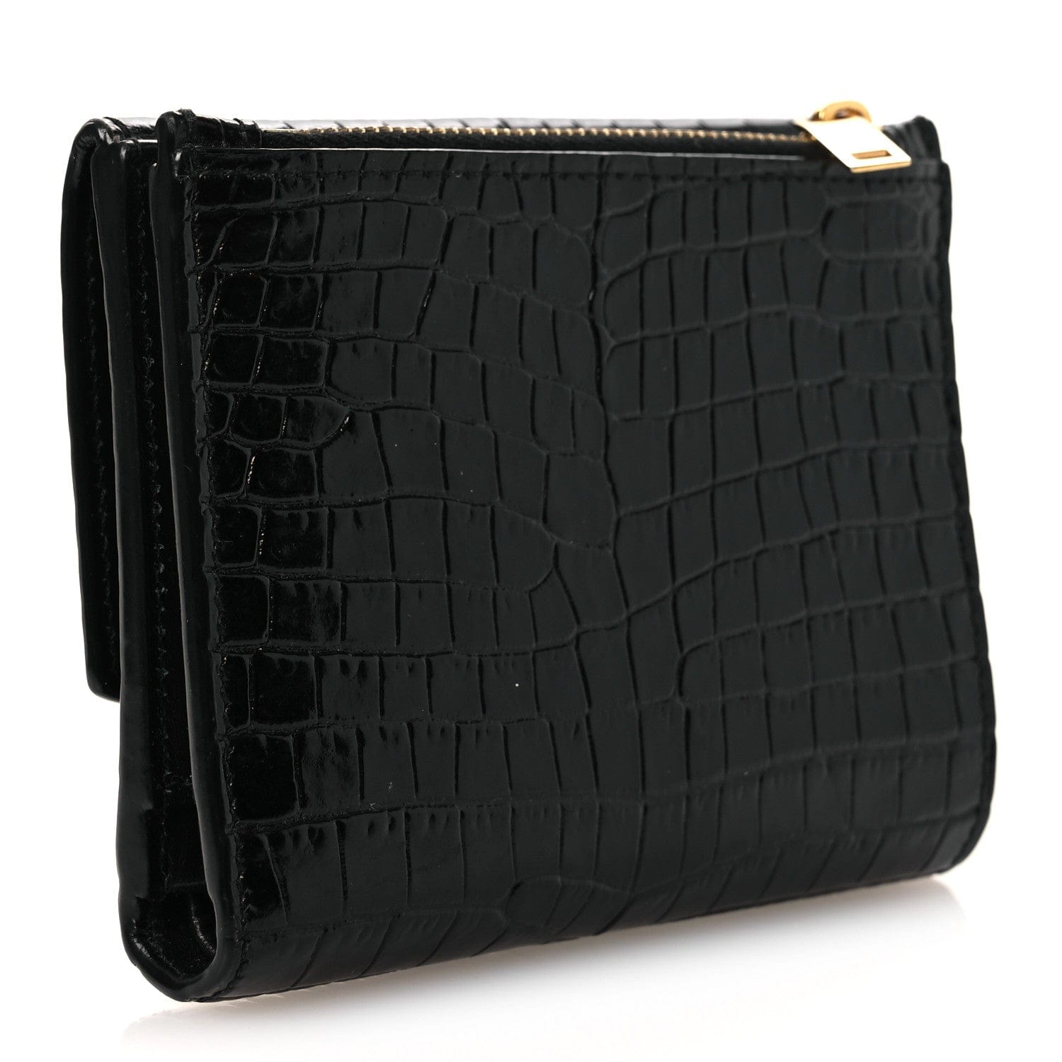 Saint Laurent Shiny Calfskin Crocodile Embossed Monogram Uptown Compact Wallet Black