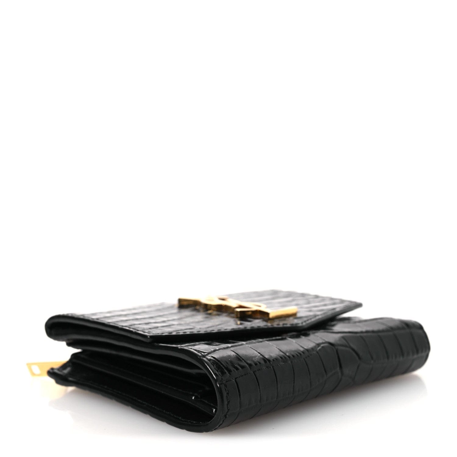 Saint Laurent Shiny Calfskin Crocodile Embossed Monogram Uptown Compact Wallet Black
