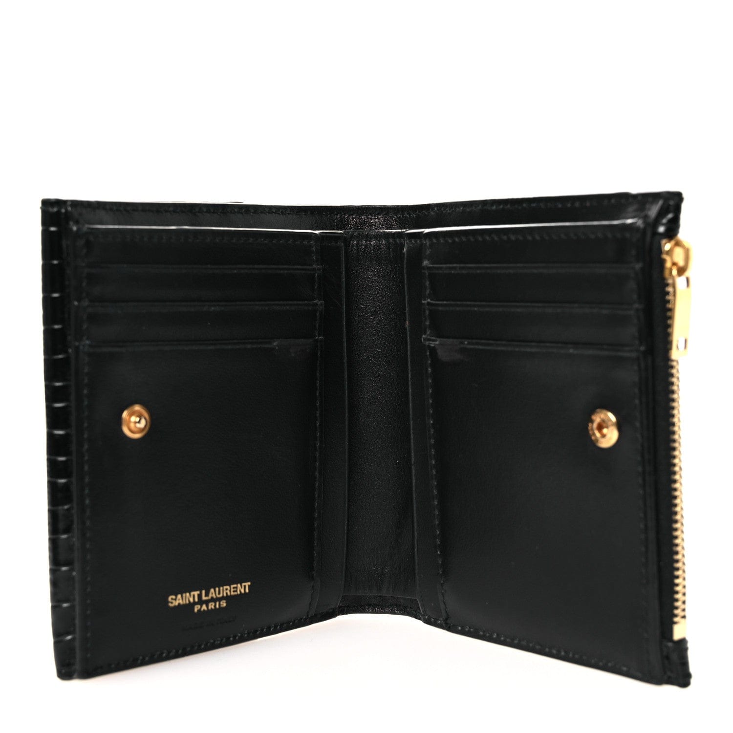 Saint Laurent Shiny Calfskin Crocodile Embossed Monogram Uptown Compact Wallet Black