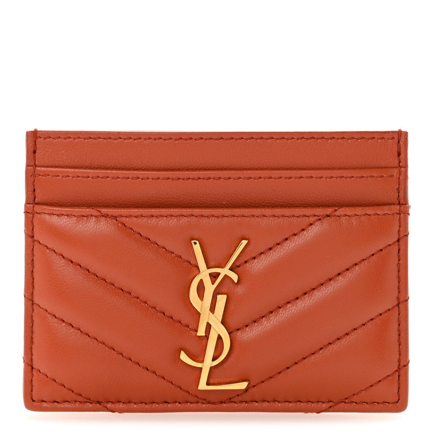 Saint Laurent Lambskin Matelasse Chevron Monogram Credit Card Case Dark Mandarin