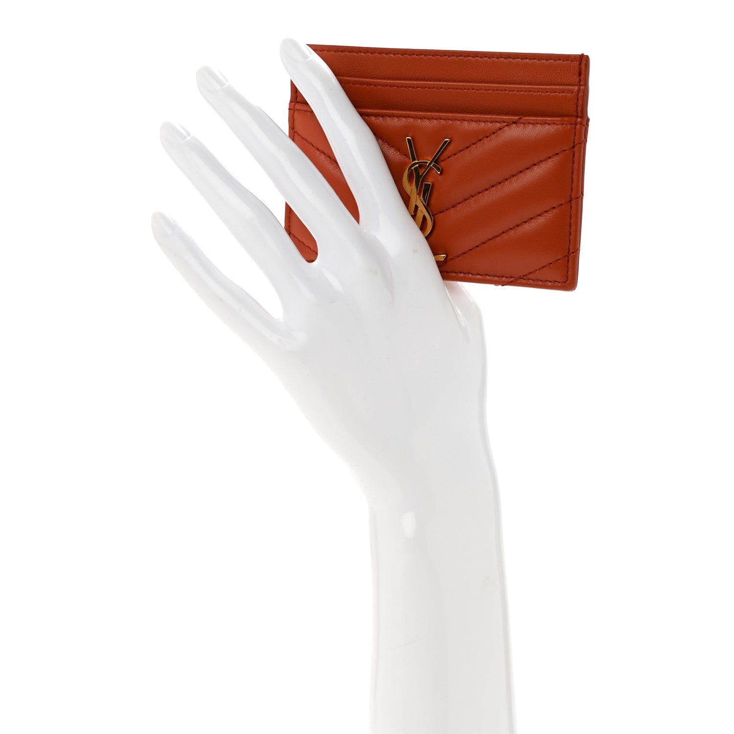 Saint Laurent Lambskin Matelasse Chevron Monogram Credit Card Case Dark Mandarin
