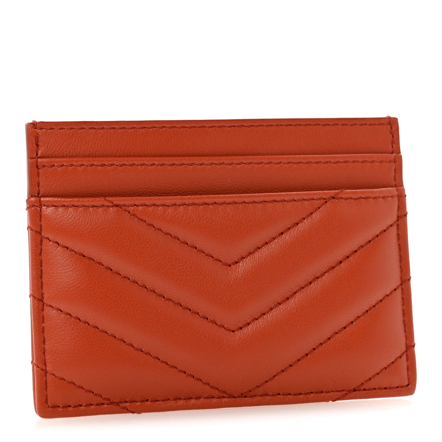 Saint Laurent Lambskin Matelasse Chevron Monogram Credit Card Case Dark Mandarin