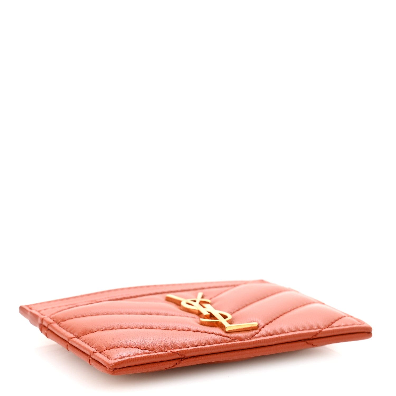 Saint Laurent Lambskin Matelasse Chevron Monogram Credit Card Case Dark Mandarin