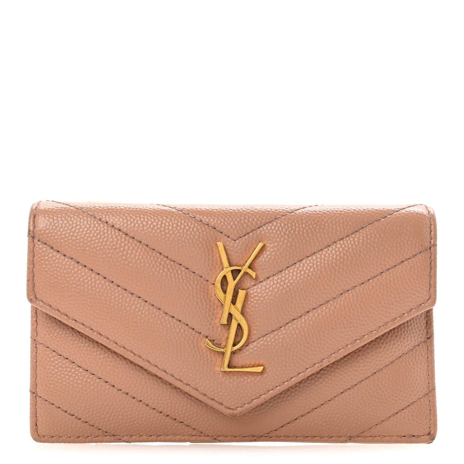Saint Laurent Grain De Poudre Matelasse Chevron Monogram Compact Wallet Case Dark Beige
