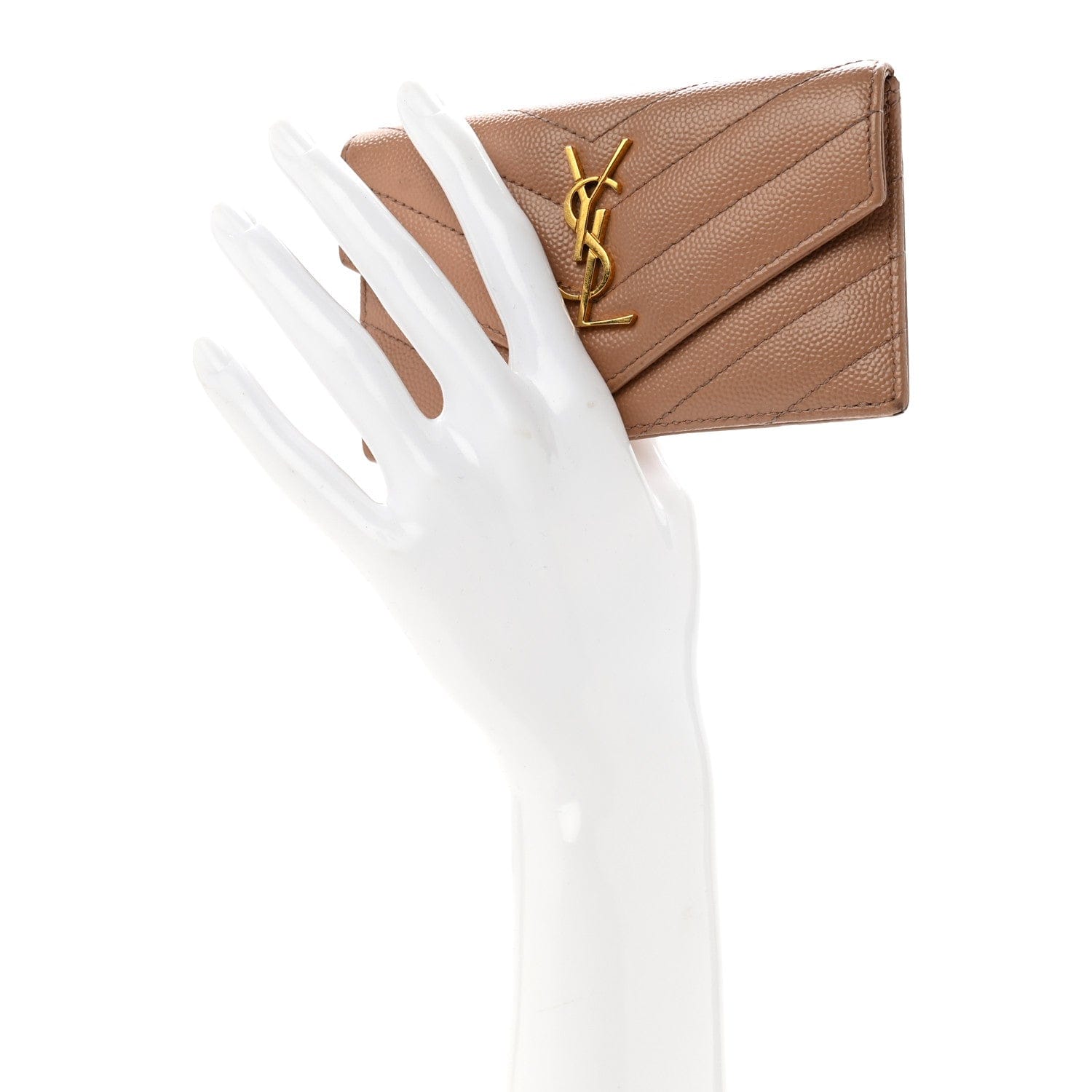 Saint Laurent Grain De Poudre Matelasse Chevron Monogram Compact Wallet Case Dark Beige