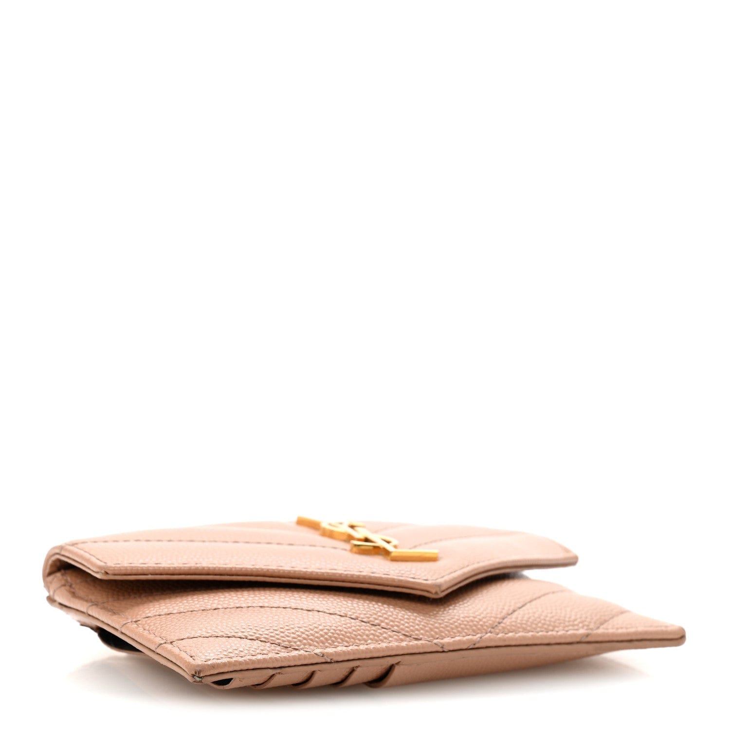 Saint Laurent Grain De Poudre Matelasse Chevron Monogram Compact Wallet Case Dark Beige