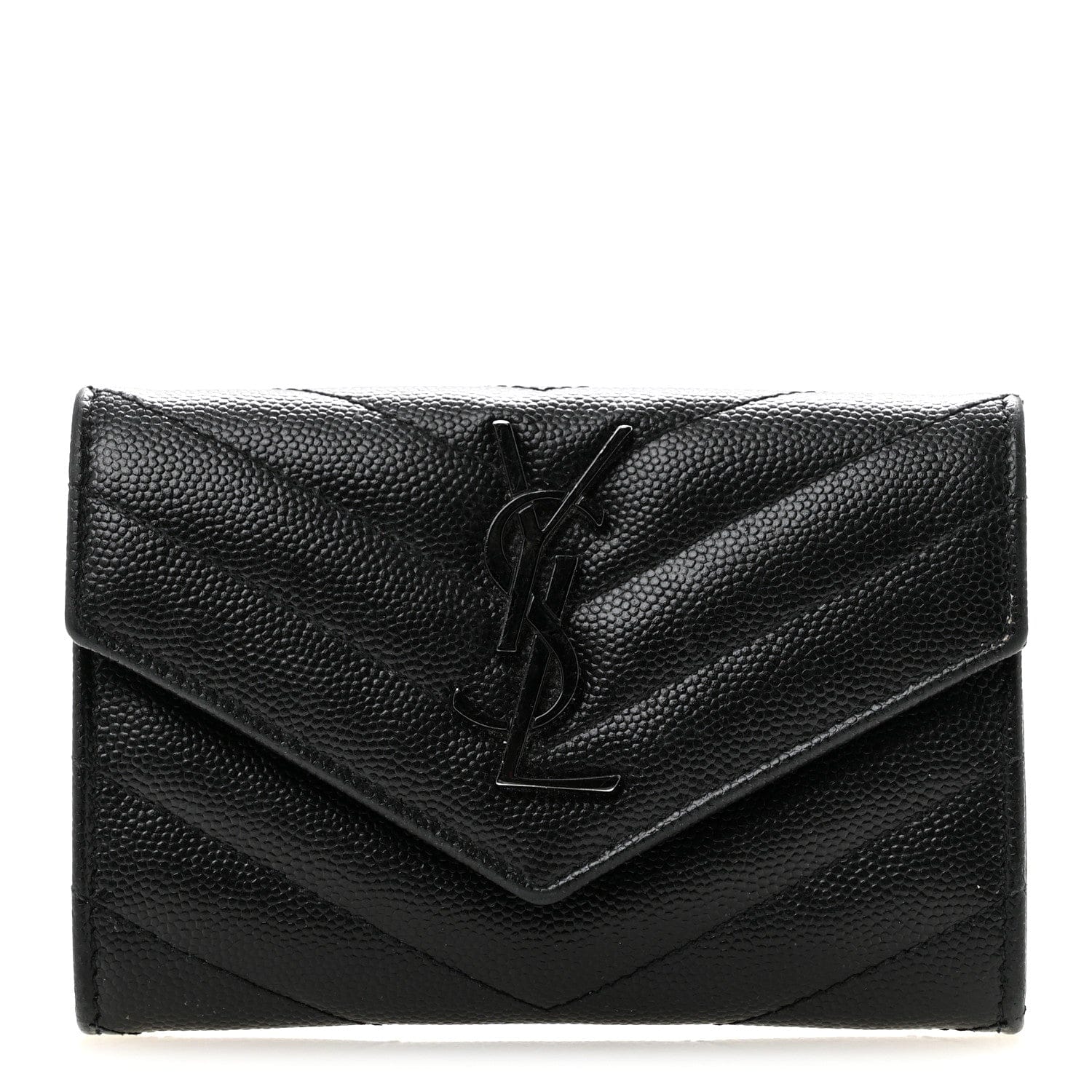 Saint Laurent Grain De Poudre Matelasse Chevron Small Monochrome Monogram Envelope Wallet Black Black