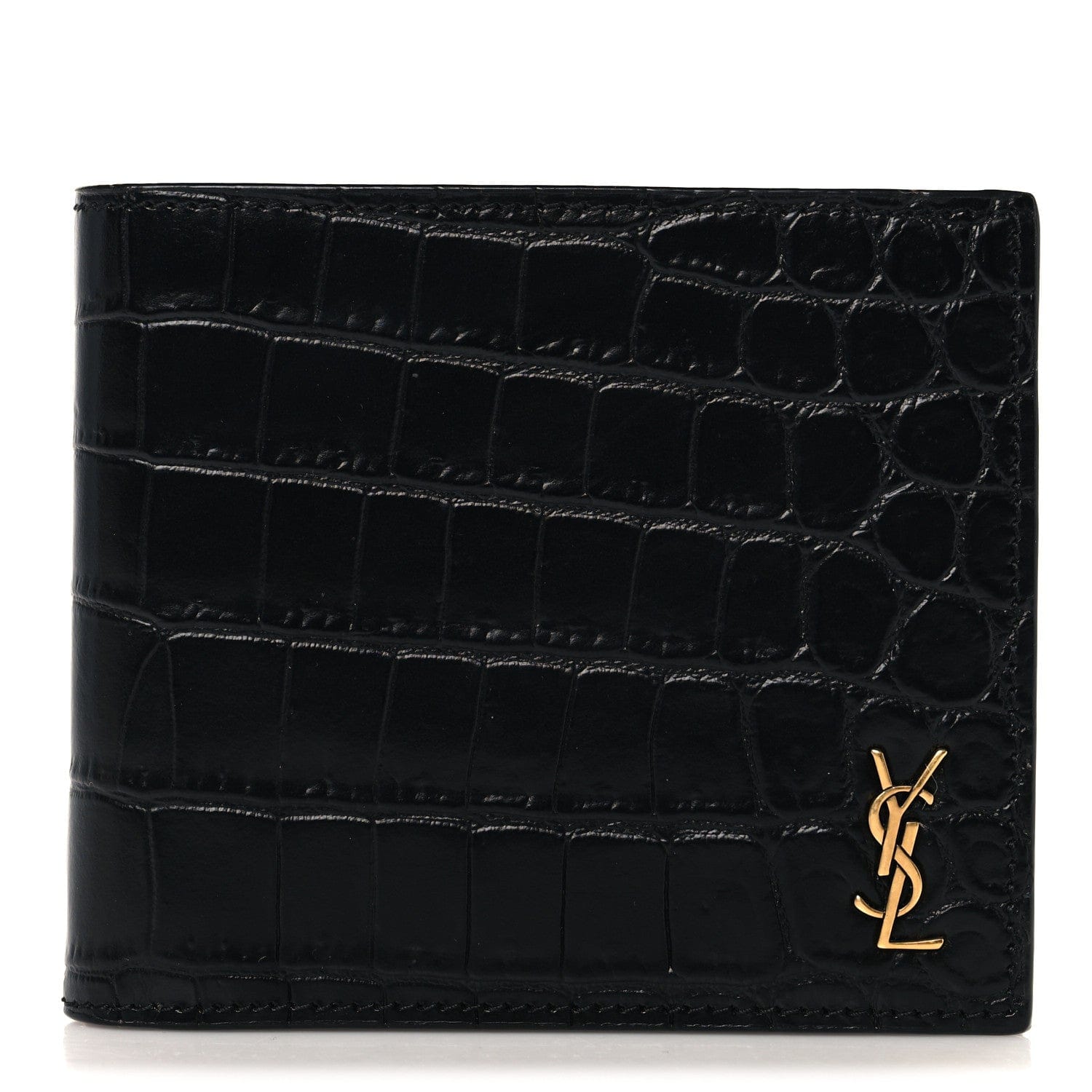 Saint Laurent Calfskin Crocodile Embossed Tiny Cassandre East West Wallet Black