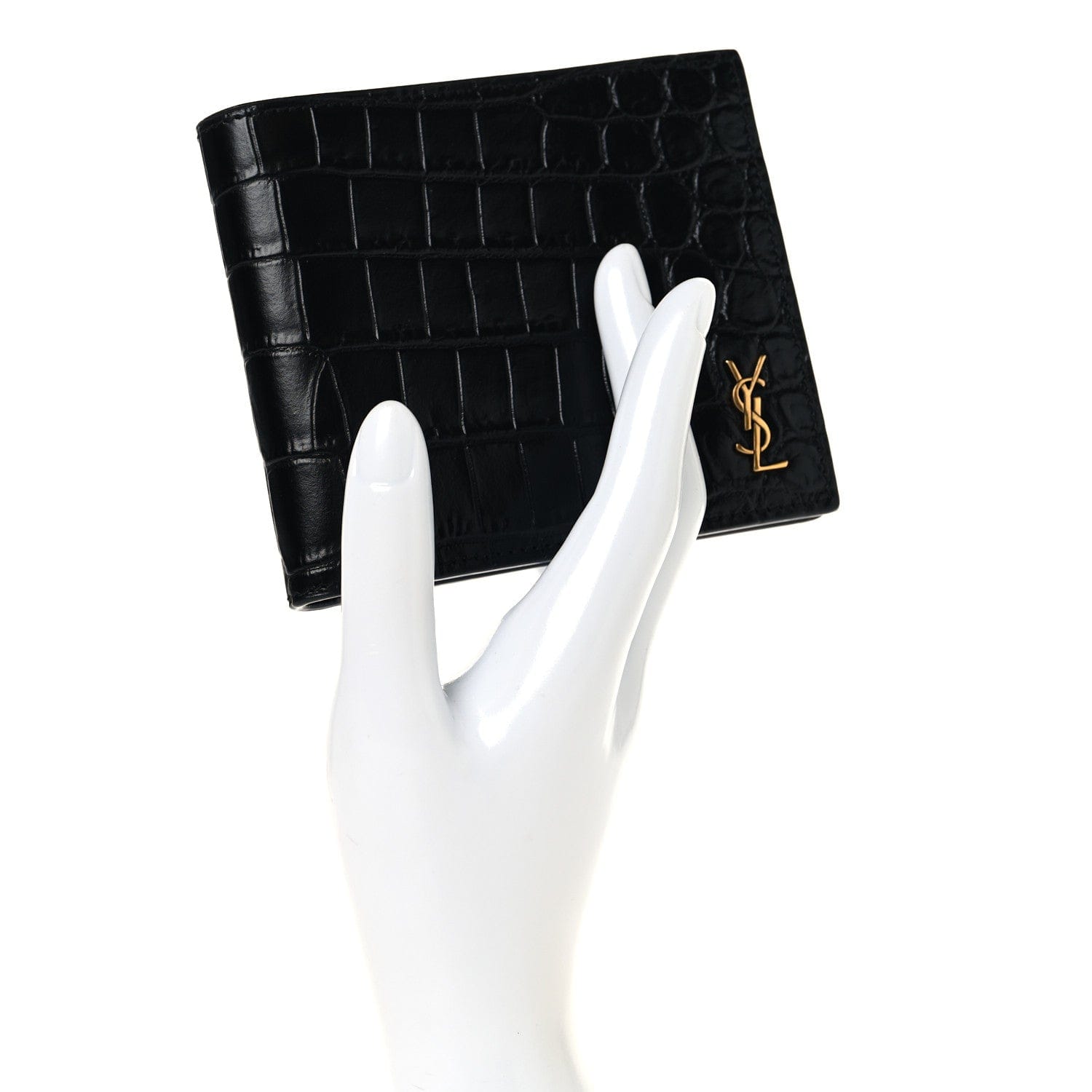 Saint Laurent Calfskin Crocodile Embossed Tiny Cassandre East West Wallet Black