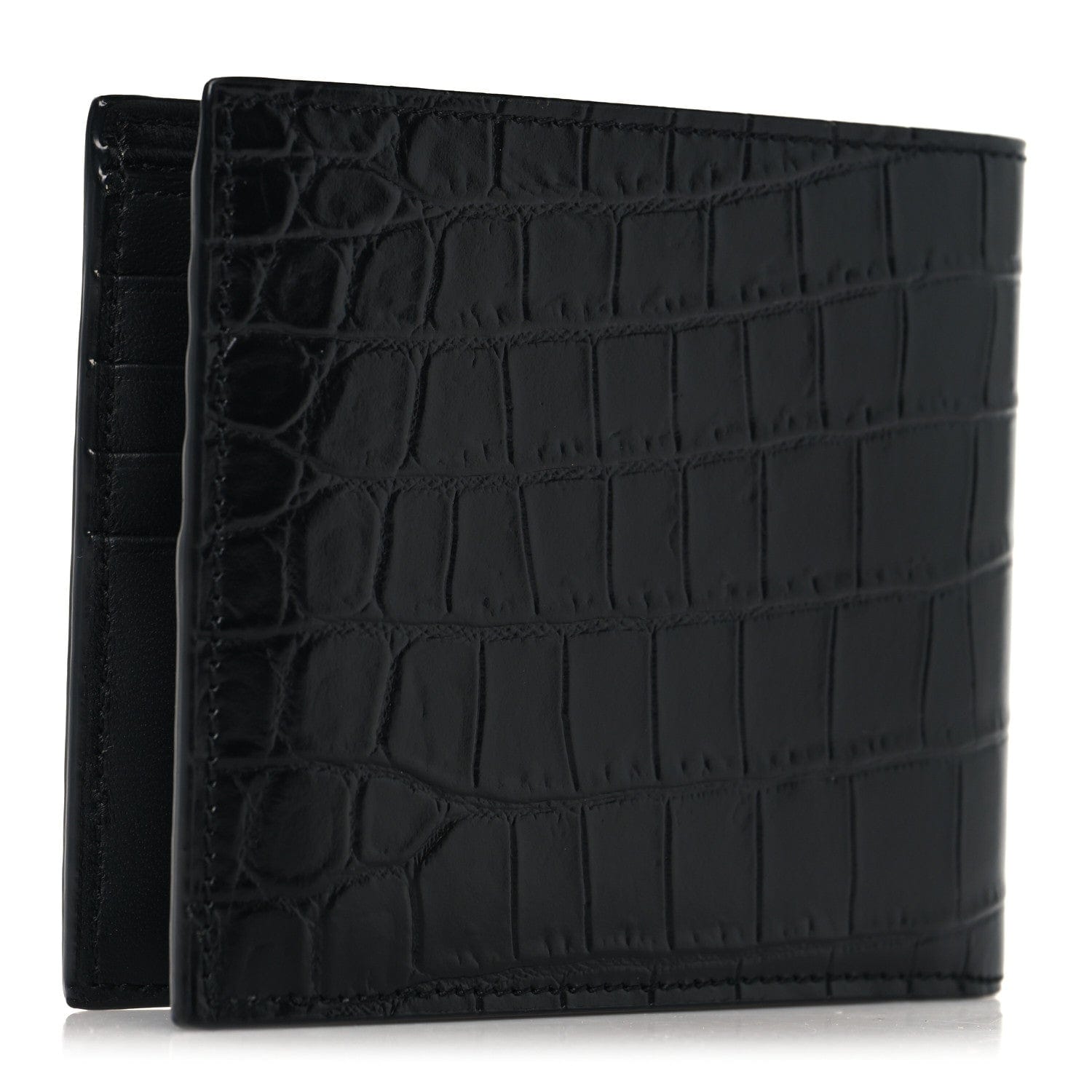 Saint Laurent Calfskin Crocodile Embossed Tiny Cassandre East West Wallet Black