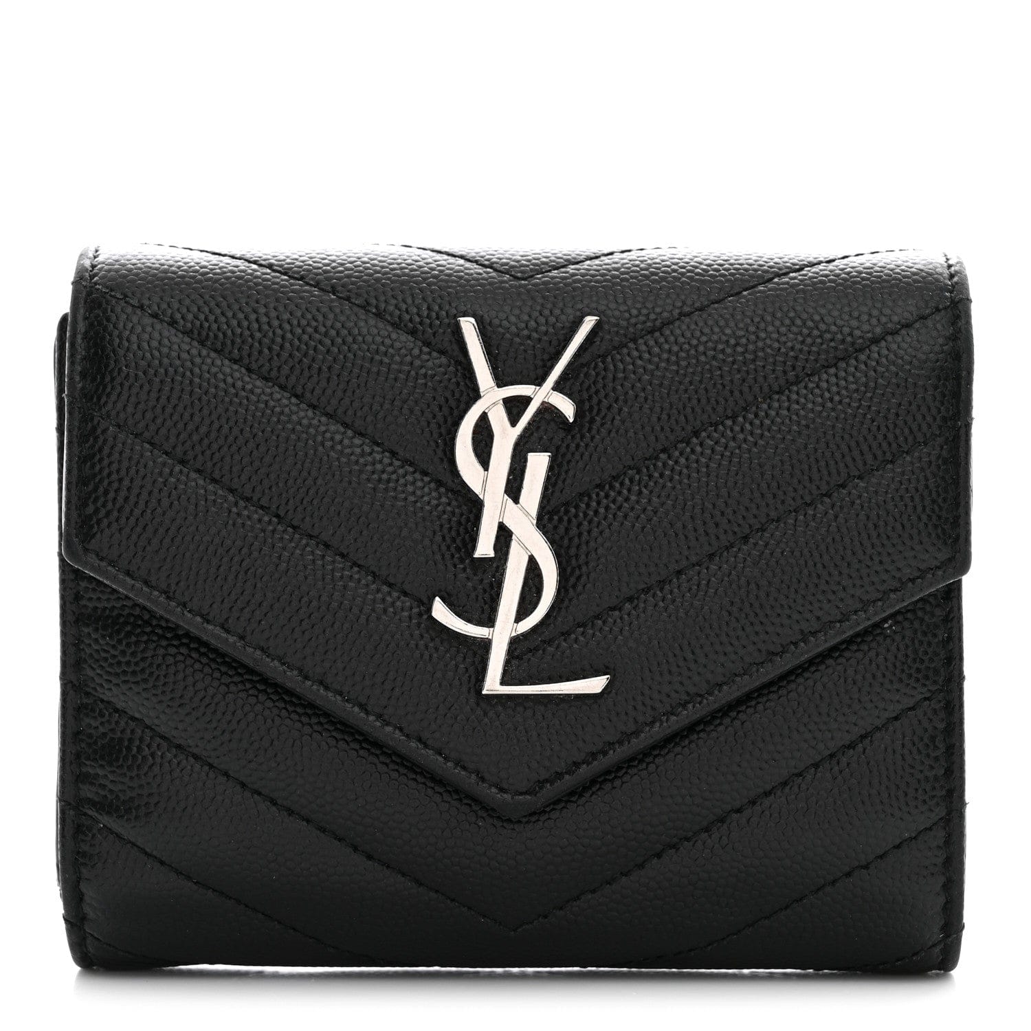 Saint Laurent Grain De Poudre Matelasse Chevron Monogram Compact Tri Fold Wallet Black