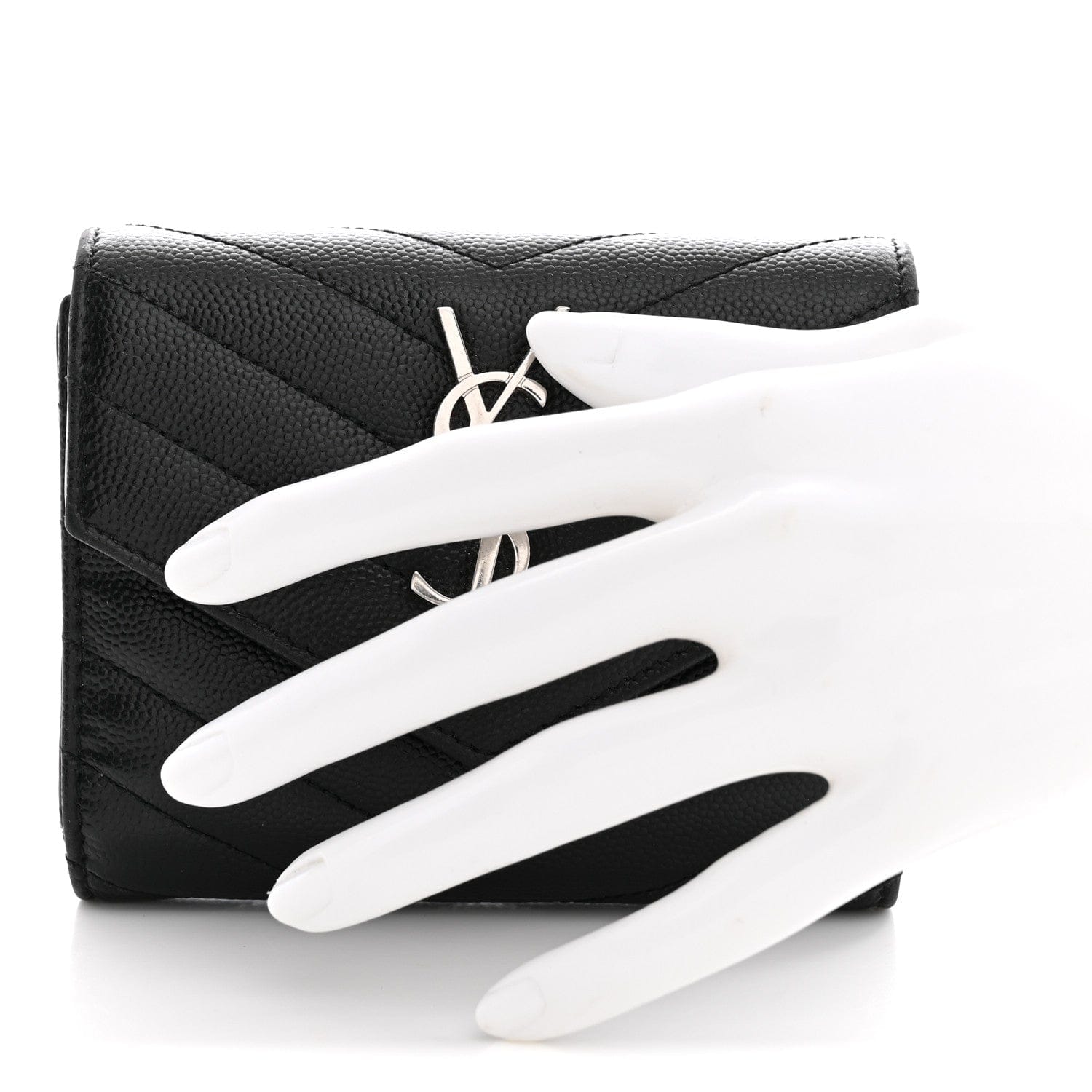 Saint Laurent Grain De Poudre Matelasse Chevron Monogram Compact Tri Fold Wallet Black