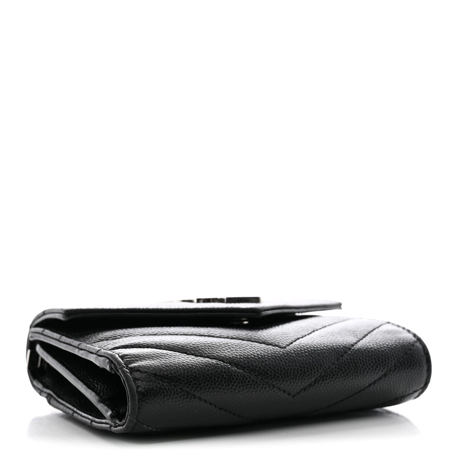 Saint Laurent Grain De Poudre Matelasse Chevron Monogram Compact Tri Fold Wallet Black