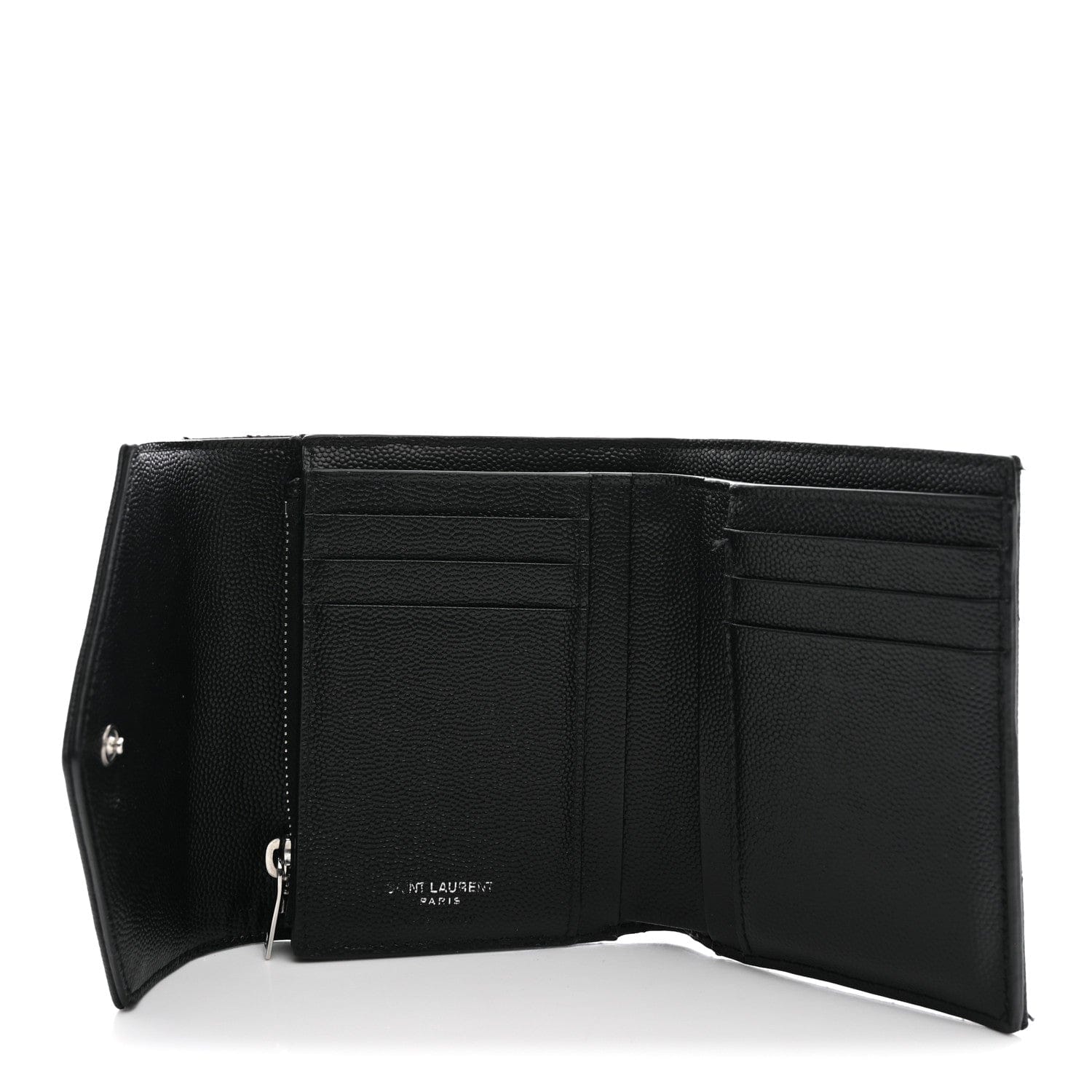 Saint Laurent Grain De Poudre Matelasse Chevron Monogram Compact Tri Fold Wallet Black
