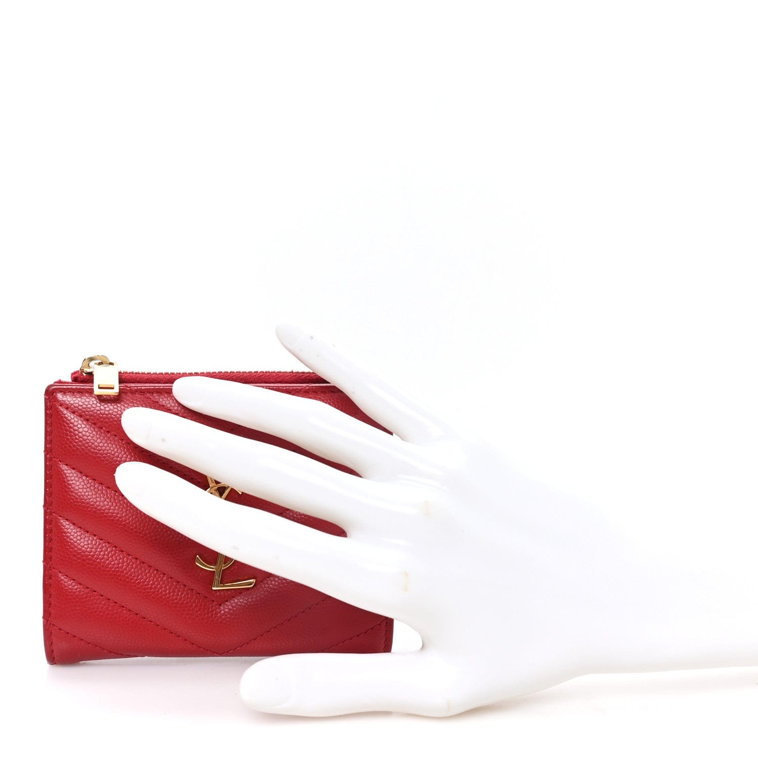 Saint Laurent Grain De Poudre Matelasse Chevron Monogram Zipped Card Case Rouge Eros