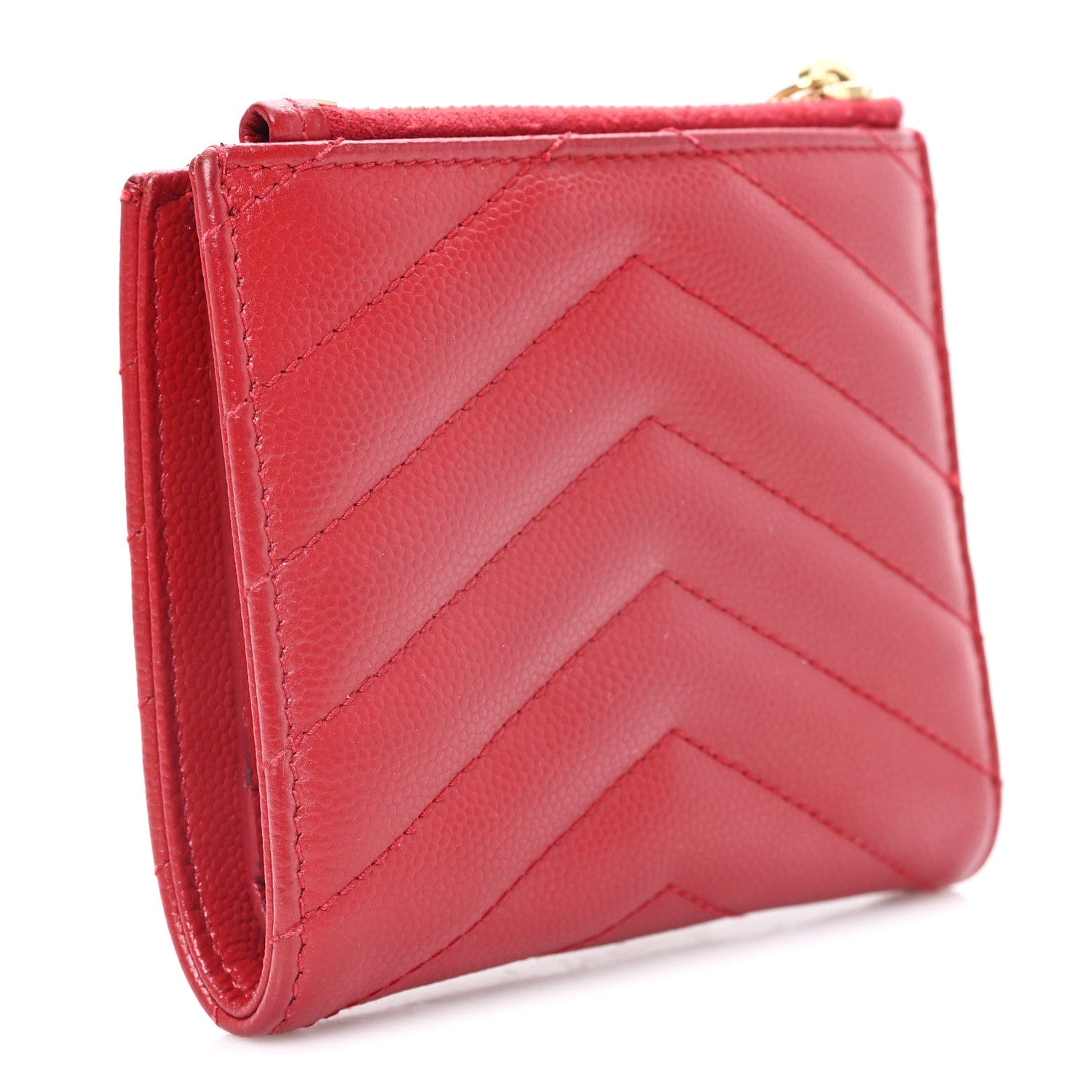 Saint Laurent Grain De Poudre Matelasse Chevron Monogram Zipped Card Case Rouge Eros