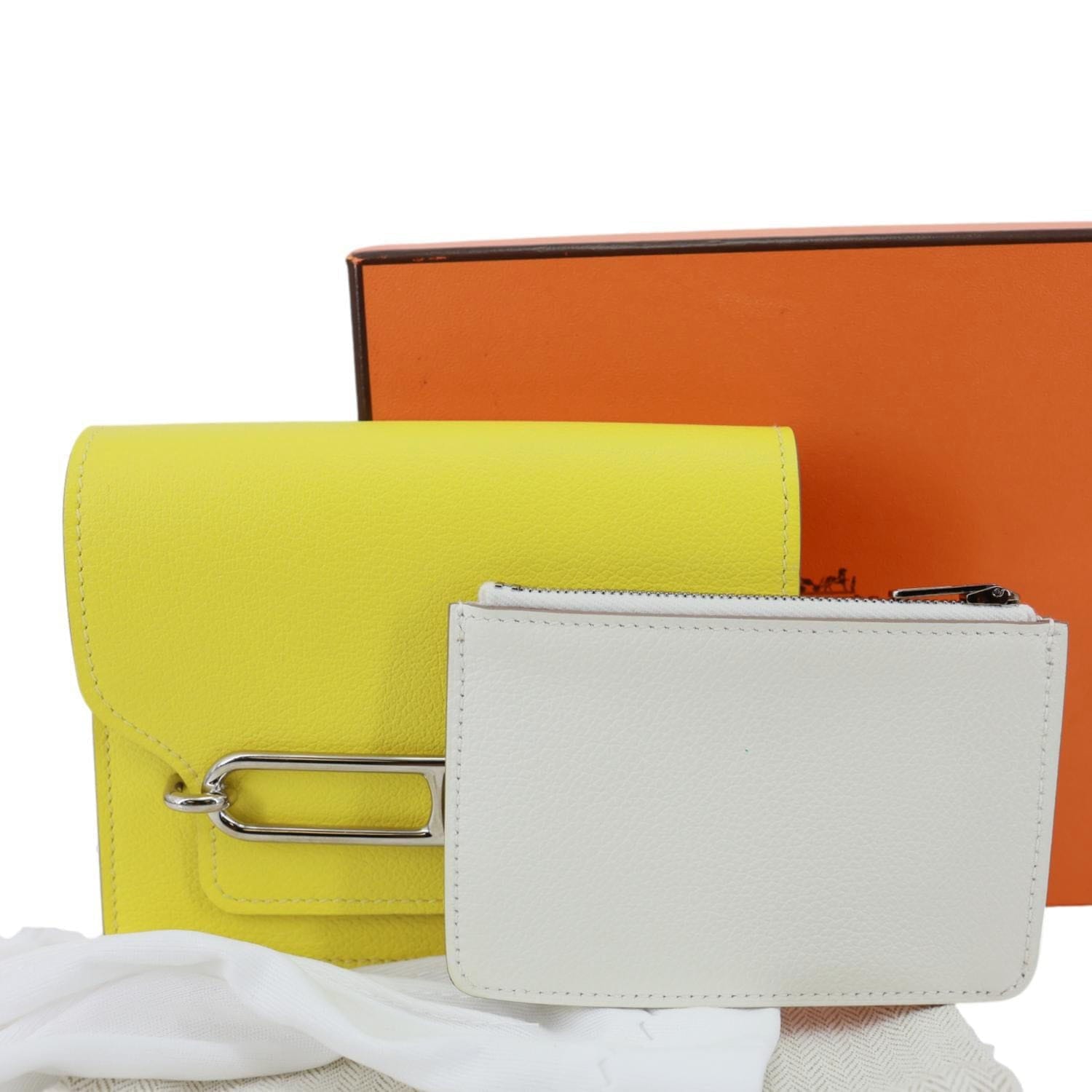 HERMES Roulis Slim Evercolor Mini Pebbled Calfskin Leather Wallet Lime Yellow