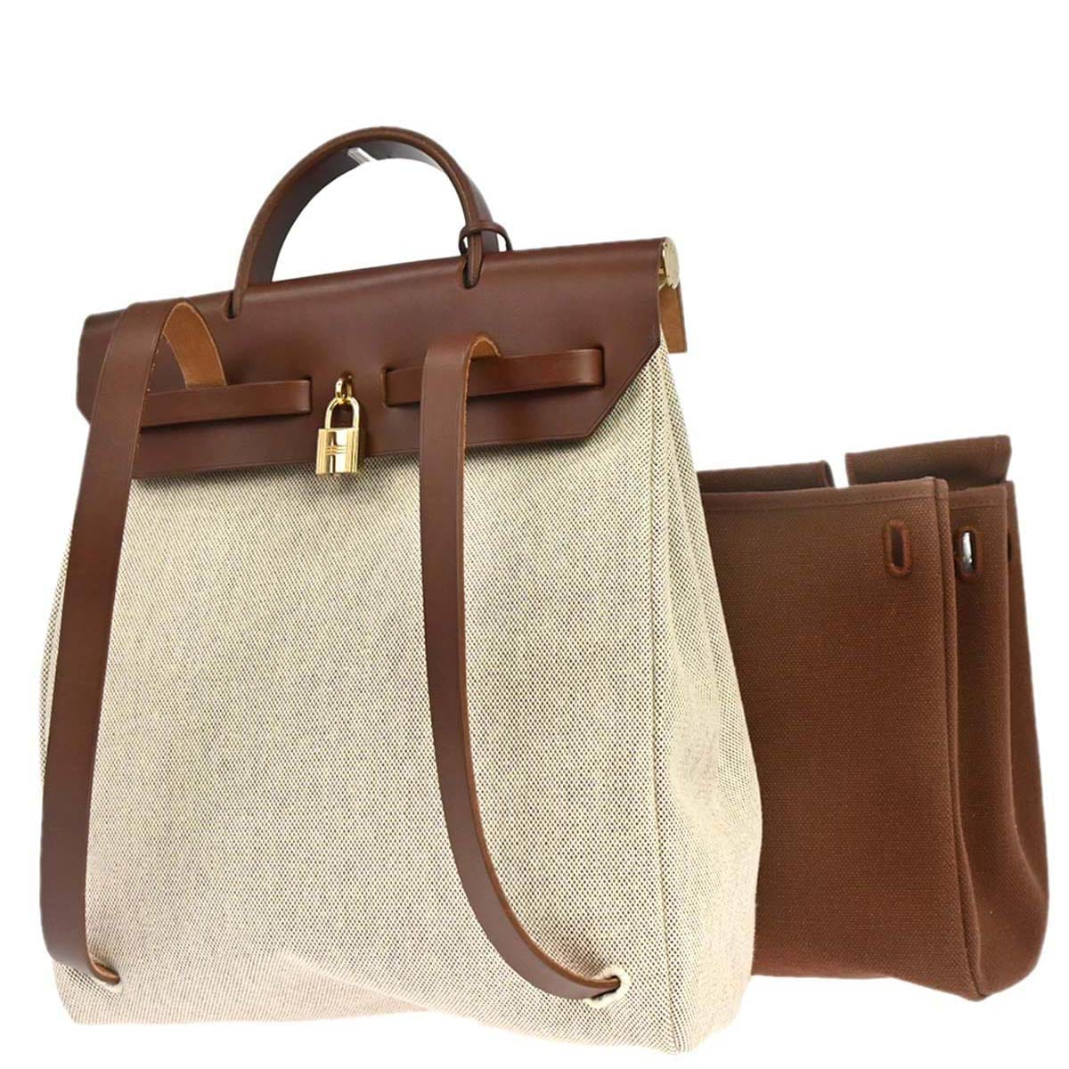 Hermes Beige Brown Toile H Herbag a Dos 2 in 1 Backpack