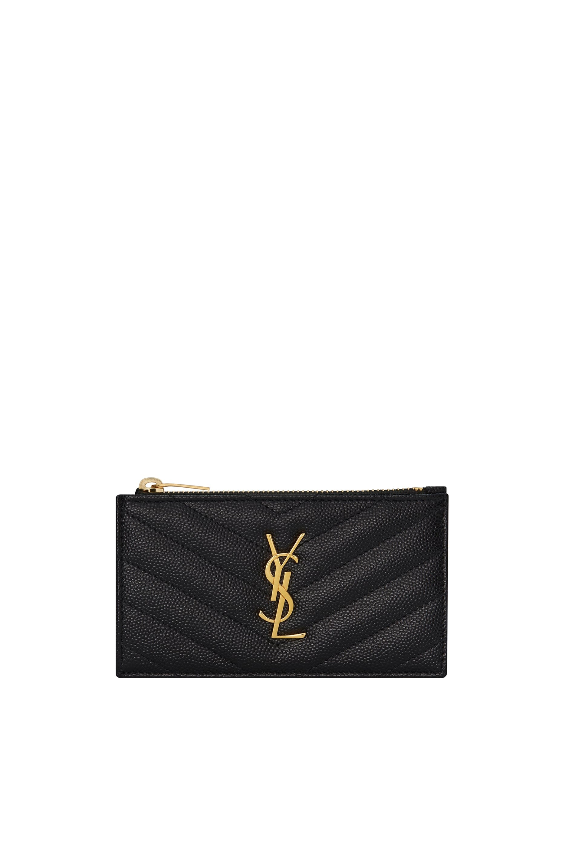 Saint Laurent Monogram Fragments Zippered Card Case in Grain de Poudre Embossed Leather
