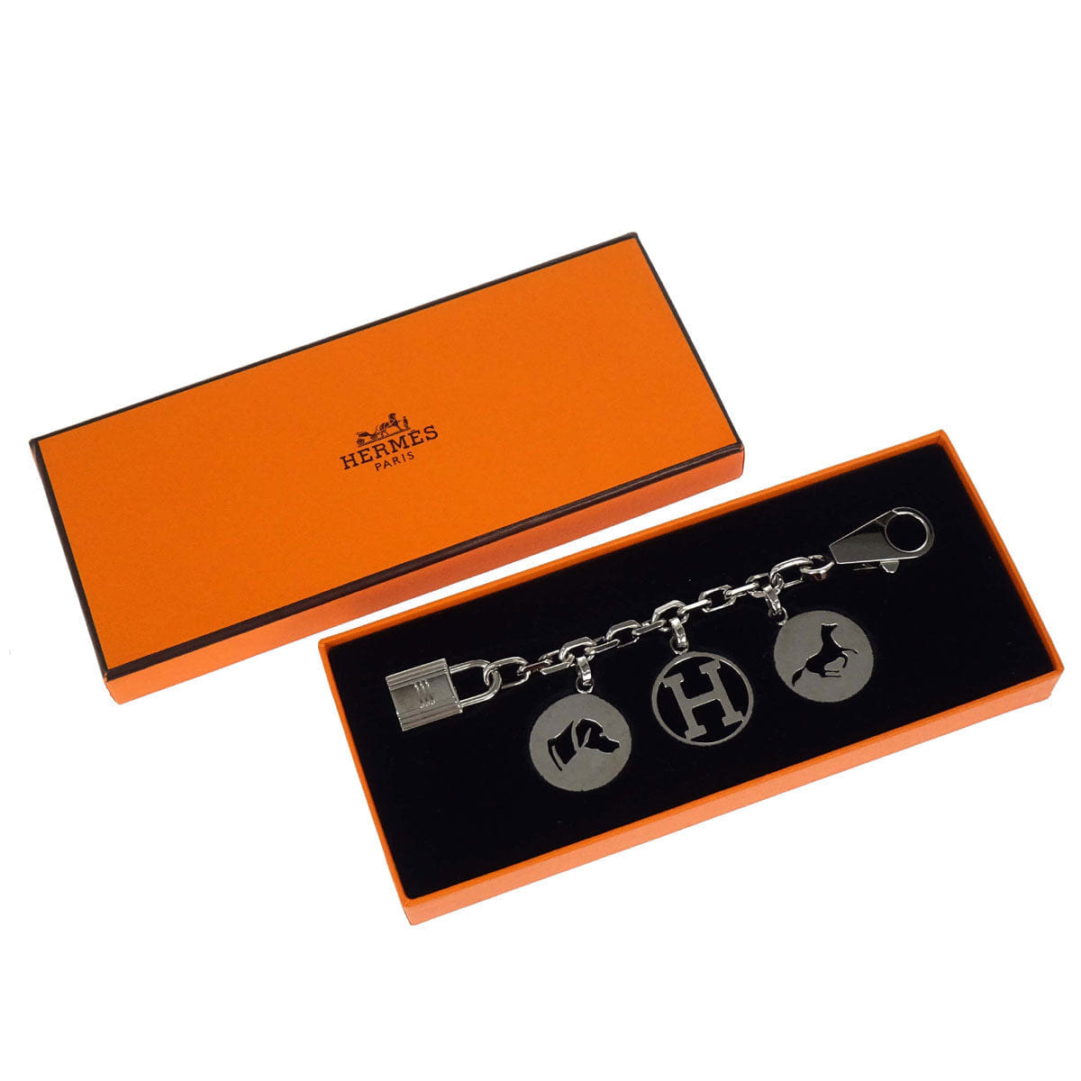 Hermes Amulet Bull Lock Keychain Bag Charm Silver Small Good