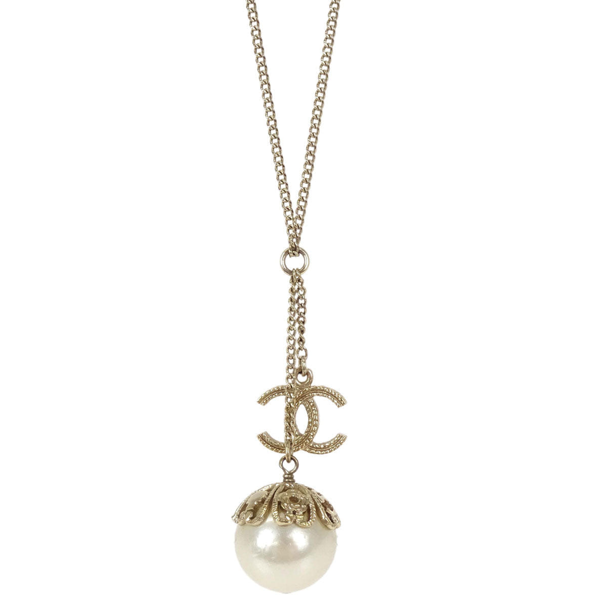 Chanel Costume Pearl Gold Chain CC Pendant Necklace 06P