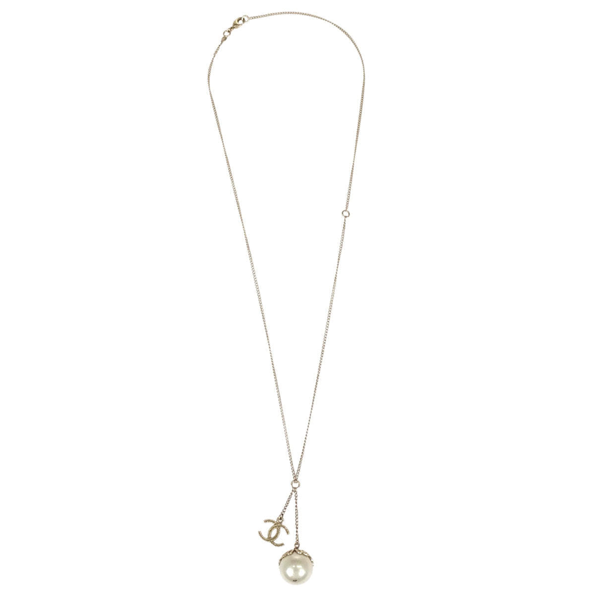Chanel Costume Pearl Gold Chain CC Pendant Necklace 06P