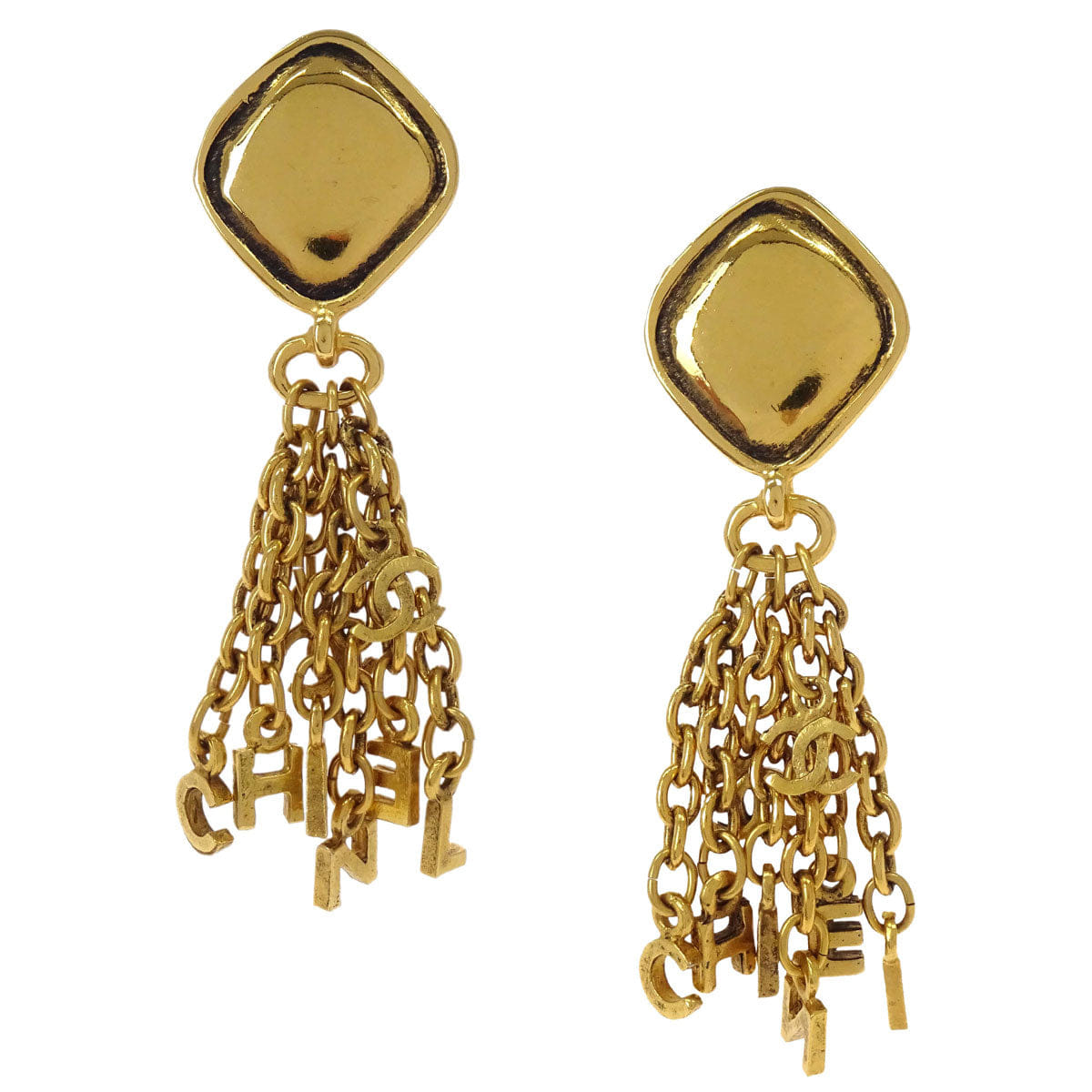 Chanel Gold Rhombus Fringe Dangle Clip - On Earrings