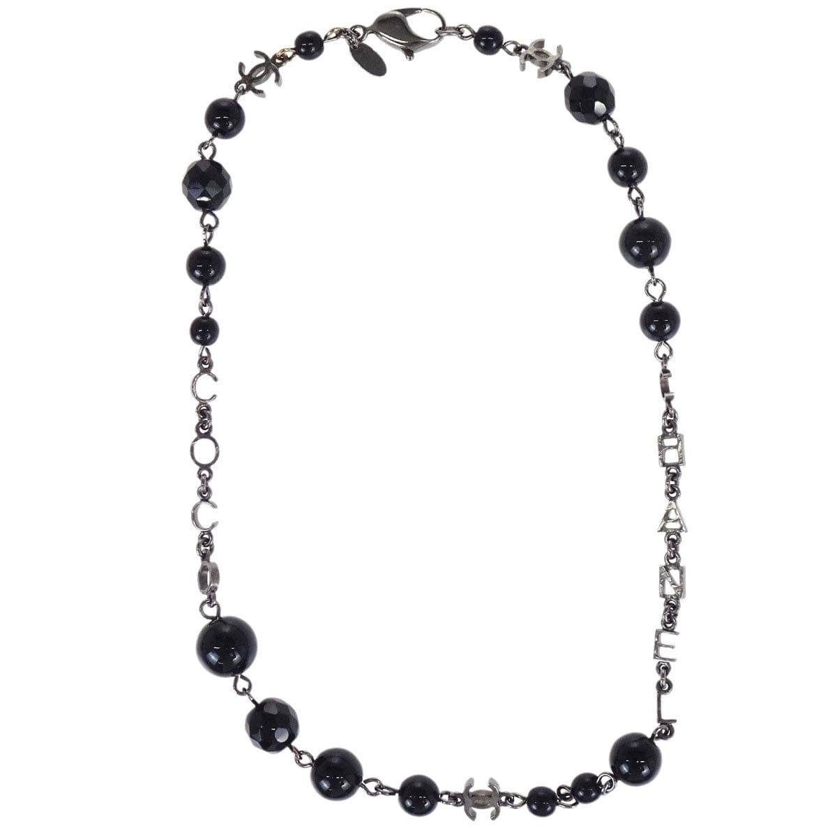 Chanel Black Beads Chain Necklace Silver 08A