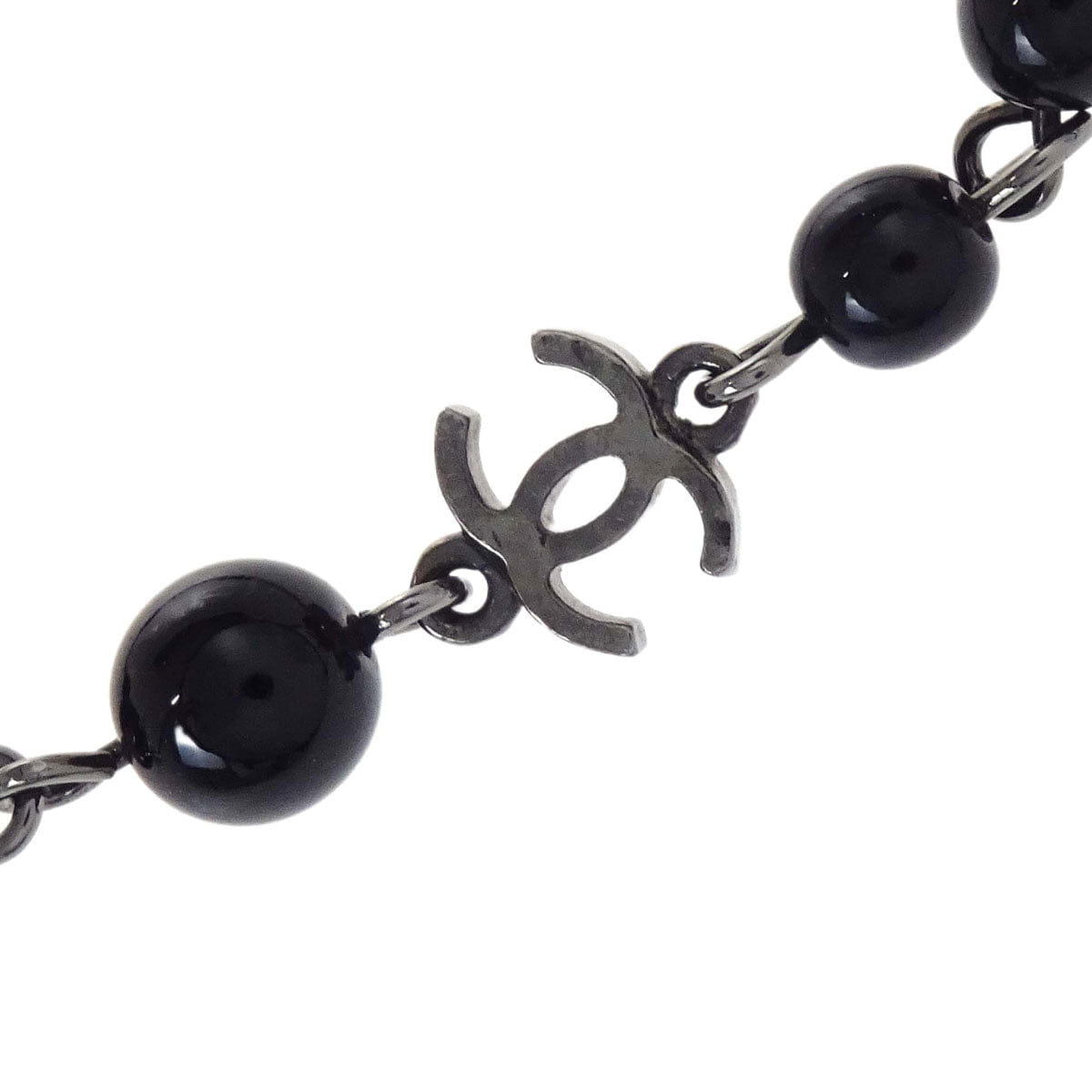 Chanel Black Beads Chain Necklace Silver 08A