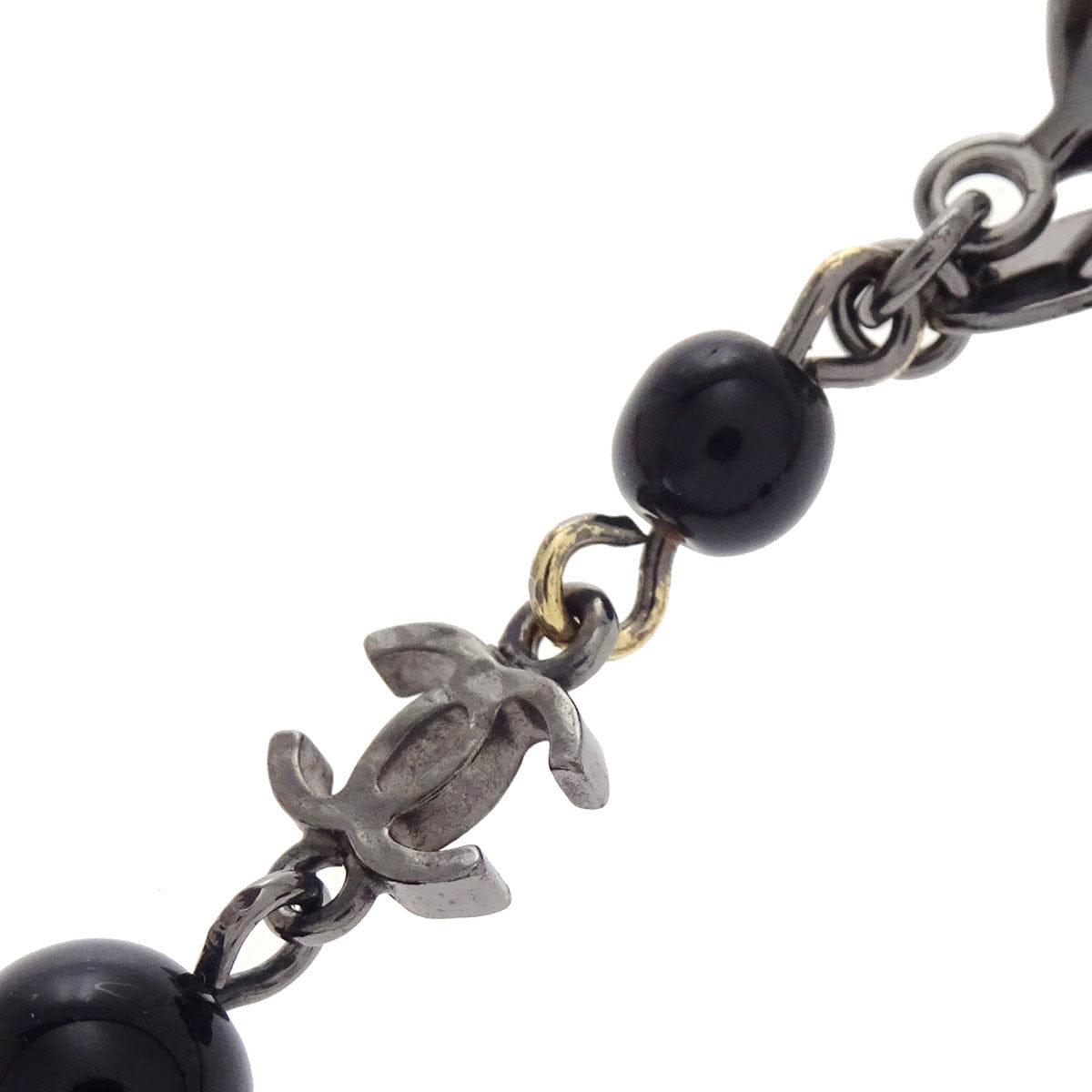 Chanel Black Beads Chain Necklace Silver 08A