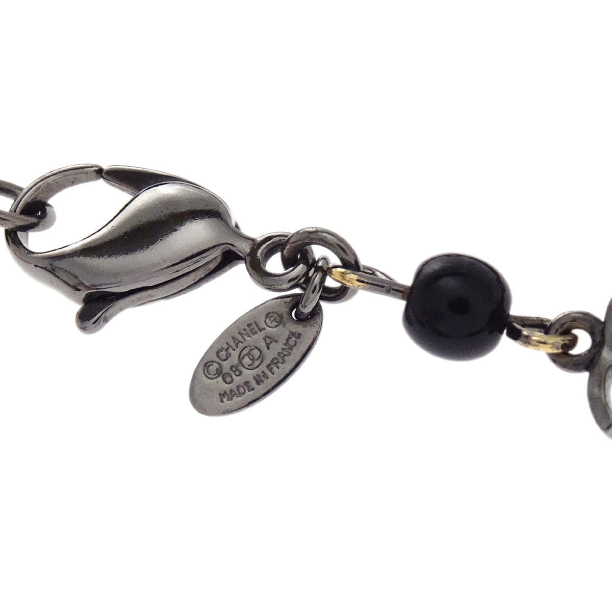Chanel Black Beads Chain Necklace Silver 08A