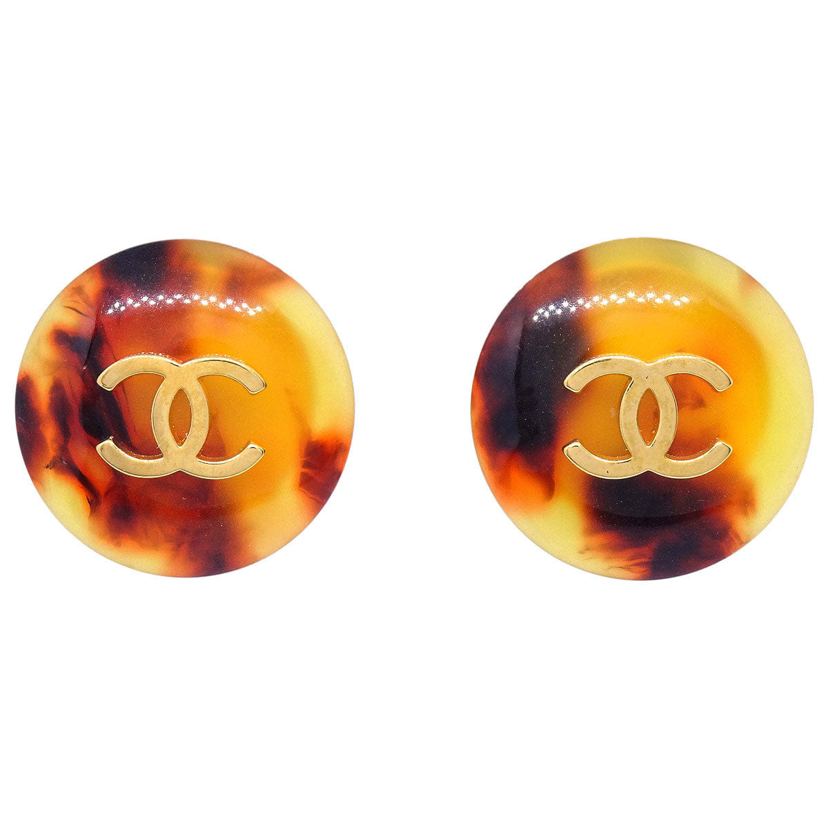 Chanel Button Clip - On Earrings Gold Brown Faux Tortoiseshell 97P