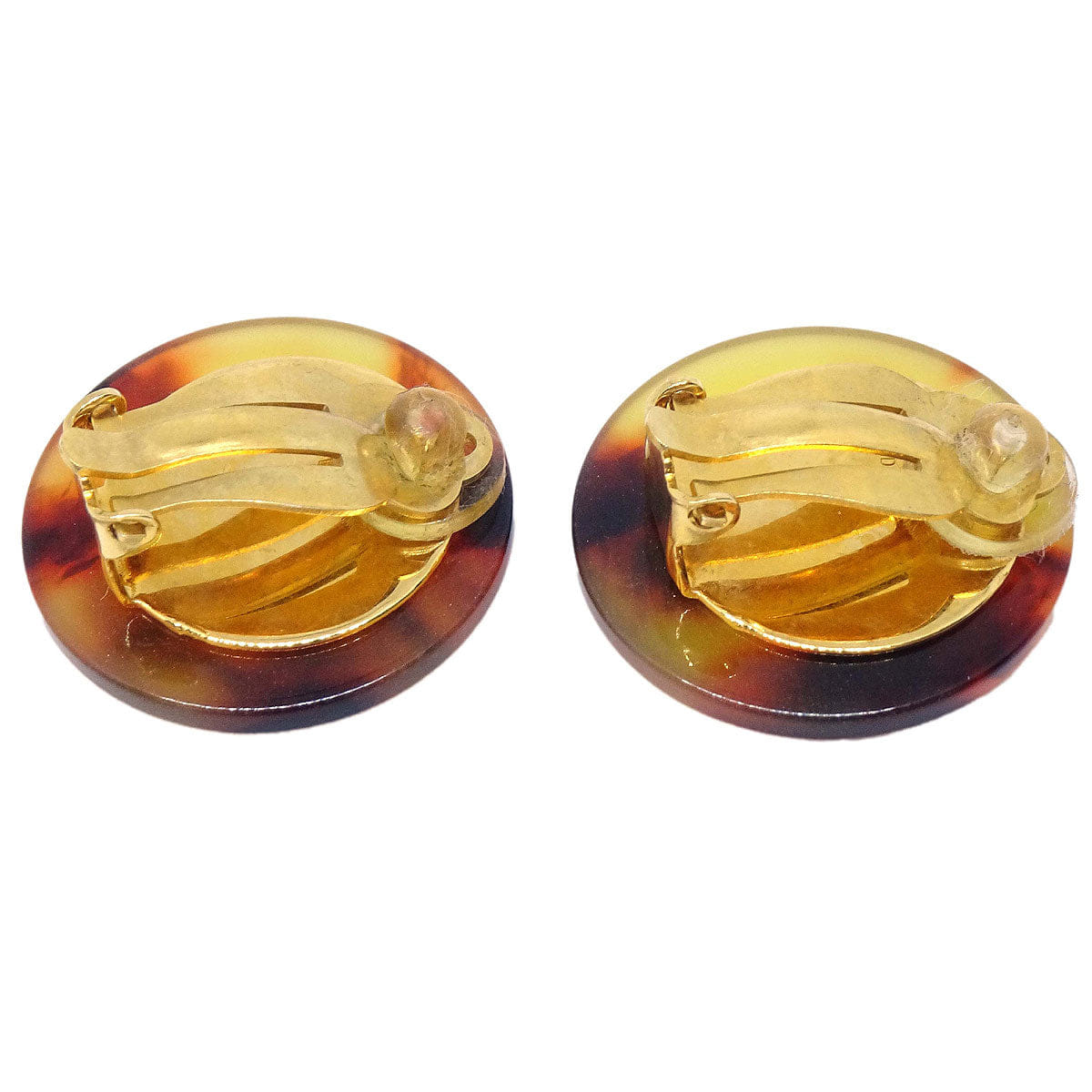 Chanel Button Clip - On Earrings Gold Brown Faux Tortoiseshell 97P